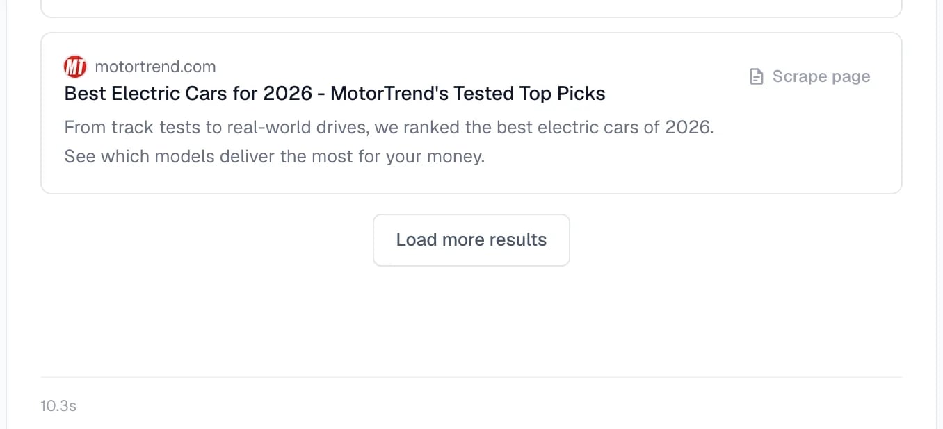 The bottom of a results list with the Load more results button and the search time
