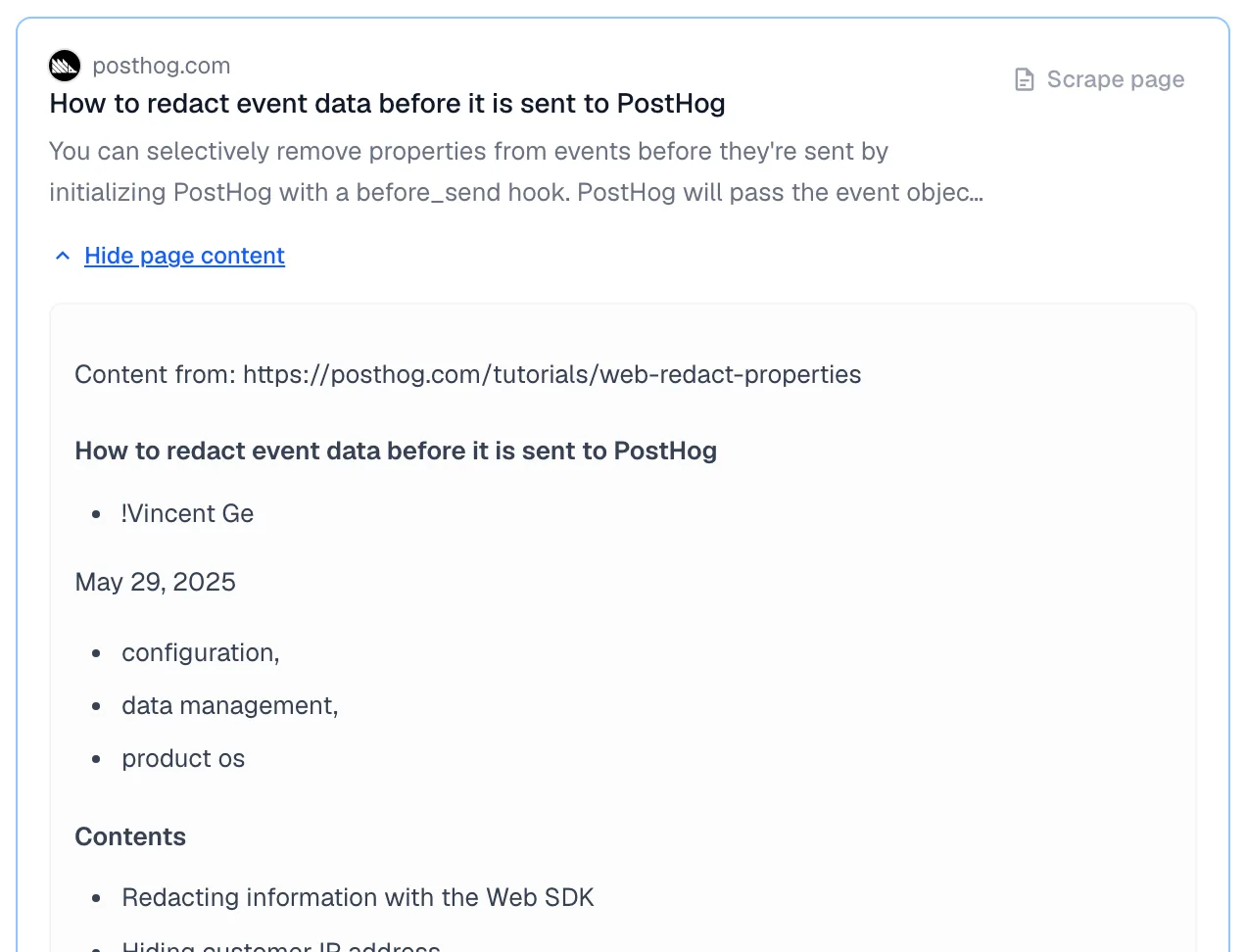 A result card expanded to show the page content as clean markdown