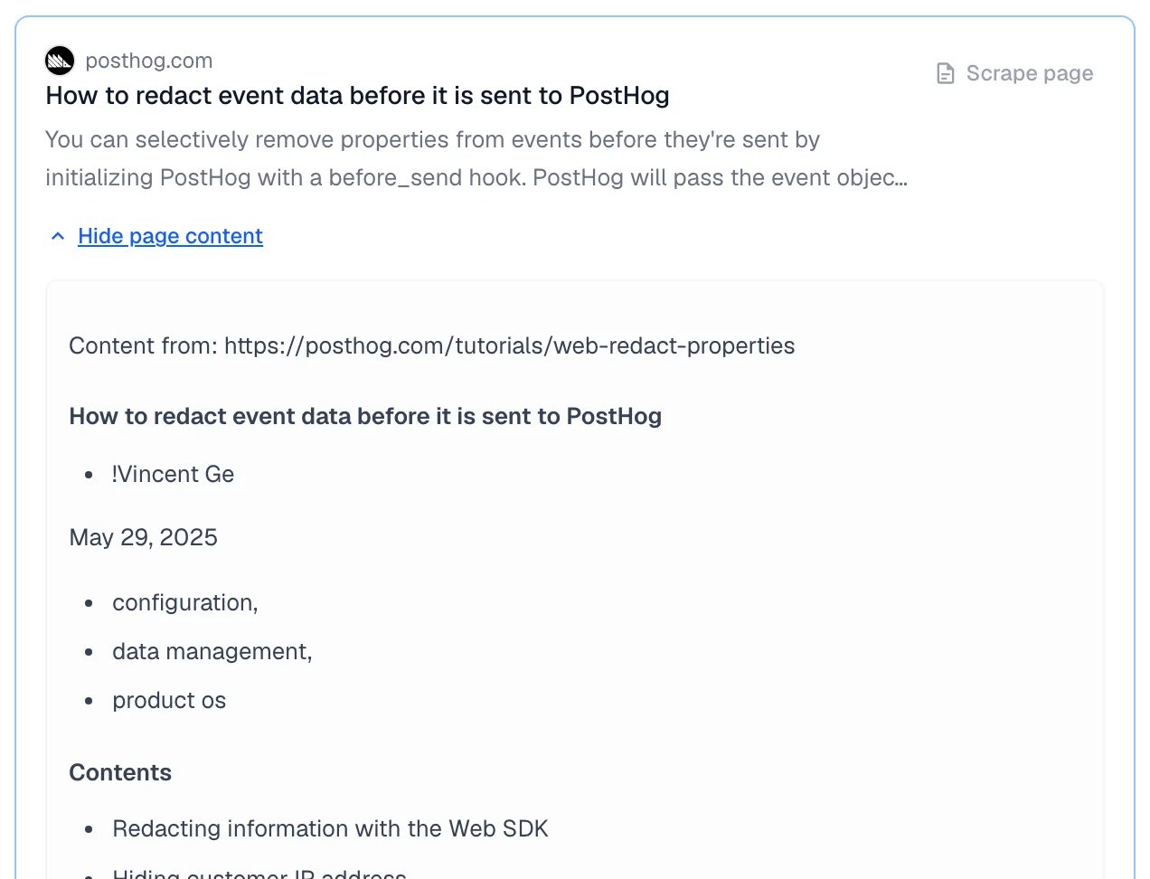 A result card expanded to show the page content as clean markdown