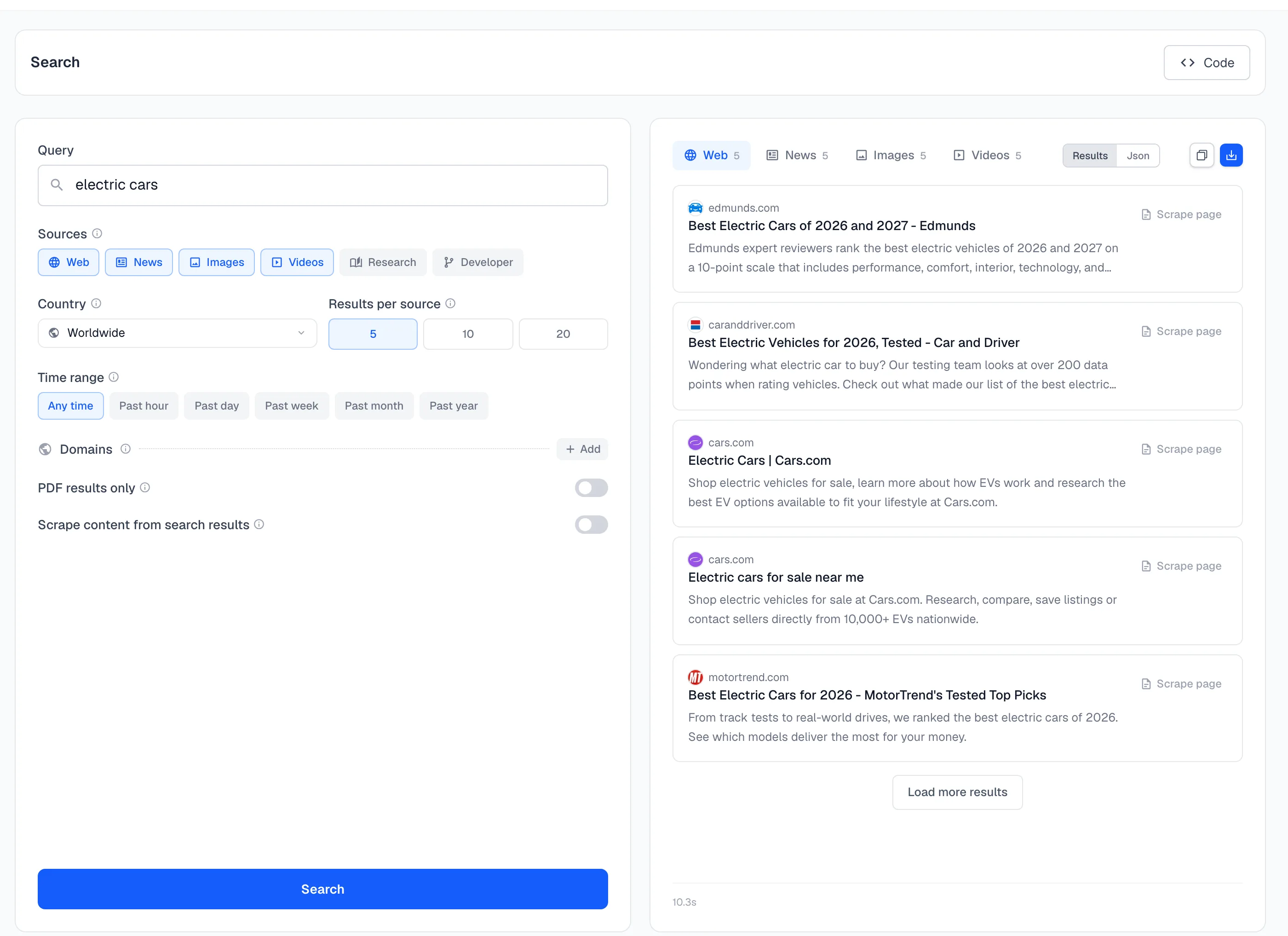 The Search playground with a query, four sources selected and five web results on the right