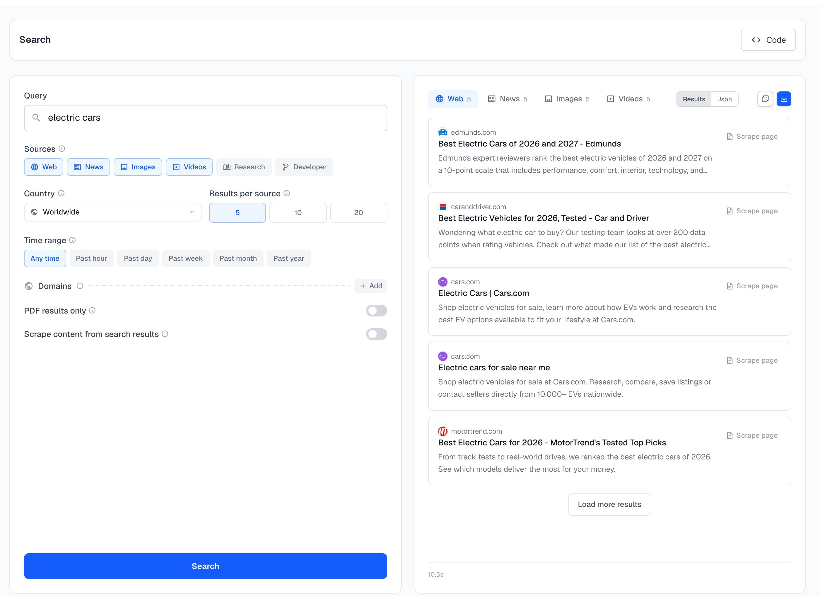The Search playground with a query, four sources selected and five web results on the right
