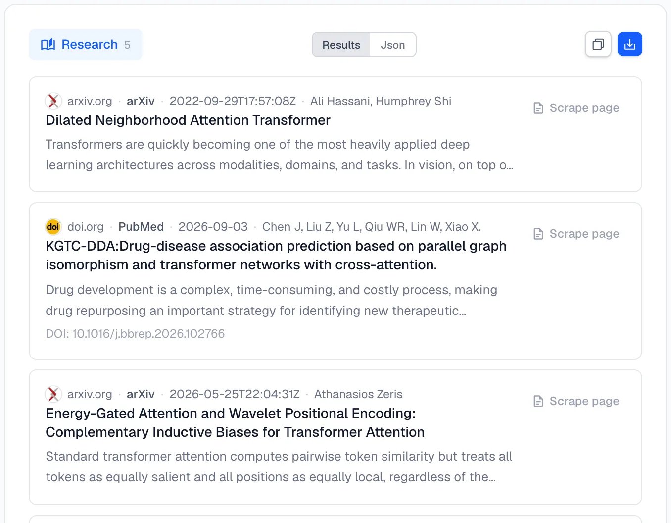 The Research tab listing papers from arXiv and PubMed with their dates, authors and DOI