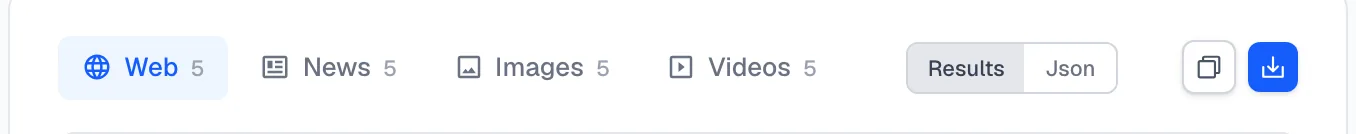 Result tabs for Web, News, Images and Videos with the Results and Json toggle and the copy and download buttons