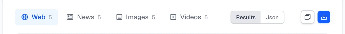 Result tabs for Web, News, Images and Videos with the Results and Json toggle and the copy and download buttons
