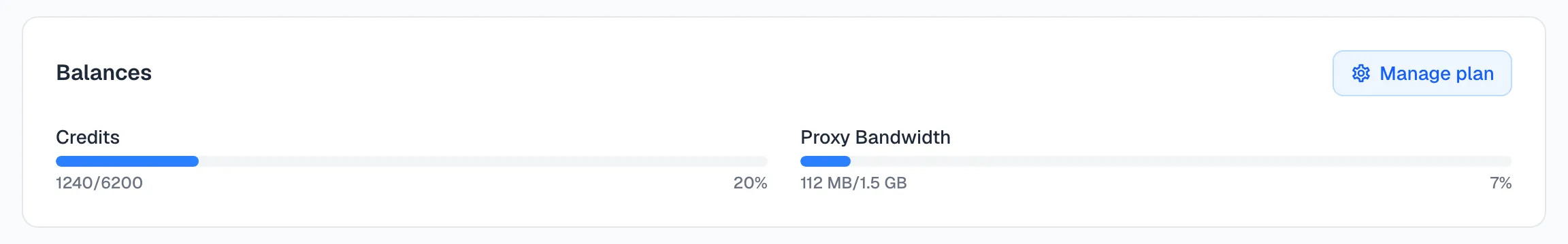 The Balances card showing credits used out of the total available, and proxy bandwidth used