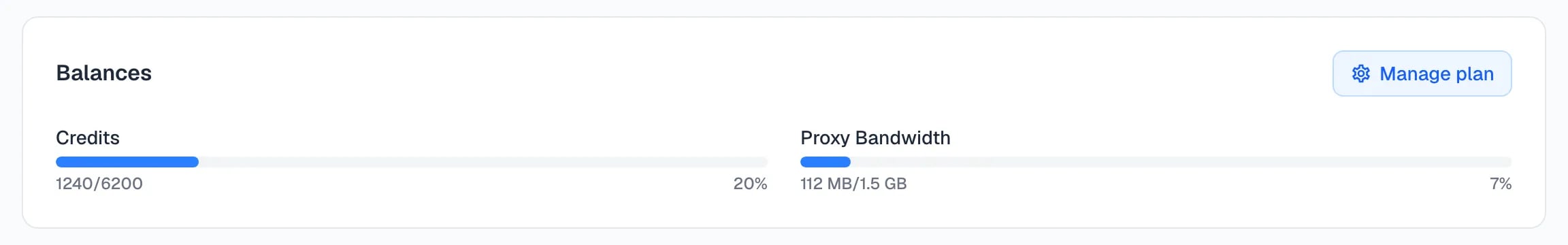 The Balances card showing credits used out of the total available, and proxy bandwidth used