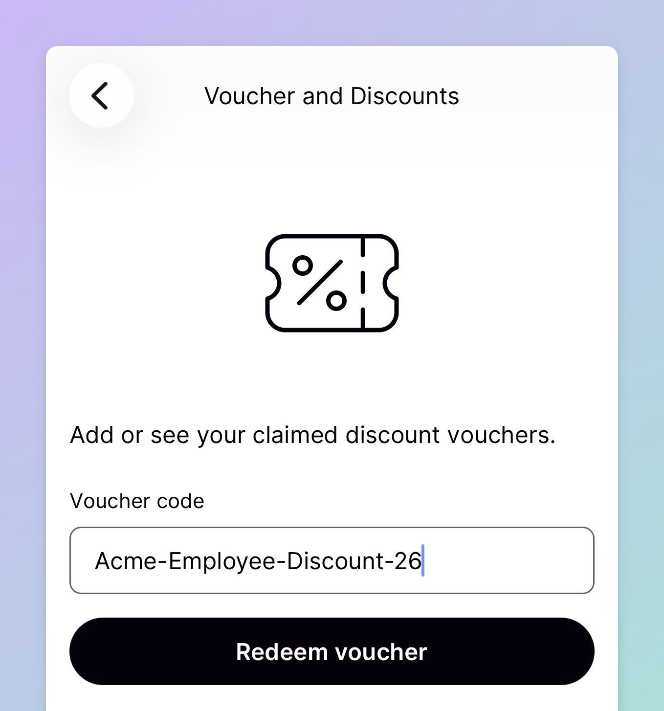The Voucher and Discounts screen in the Spirii app, with a voucher code typed into the field and a Redeem voucher button below it