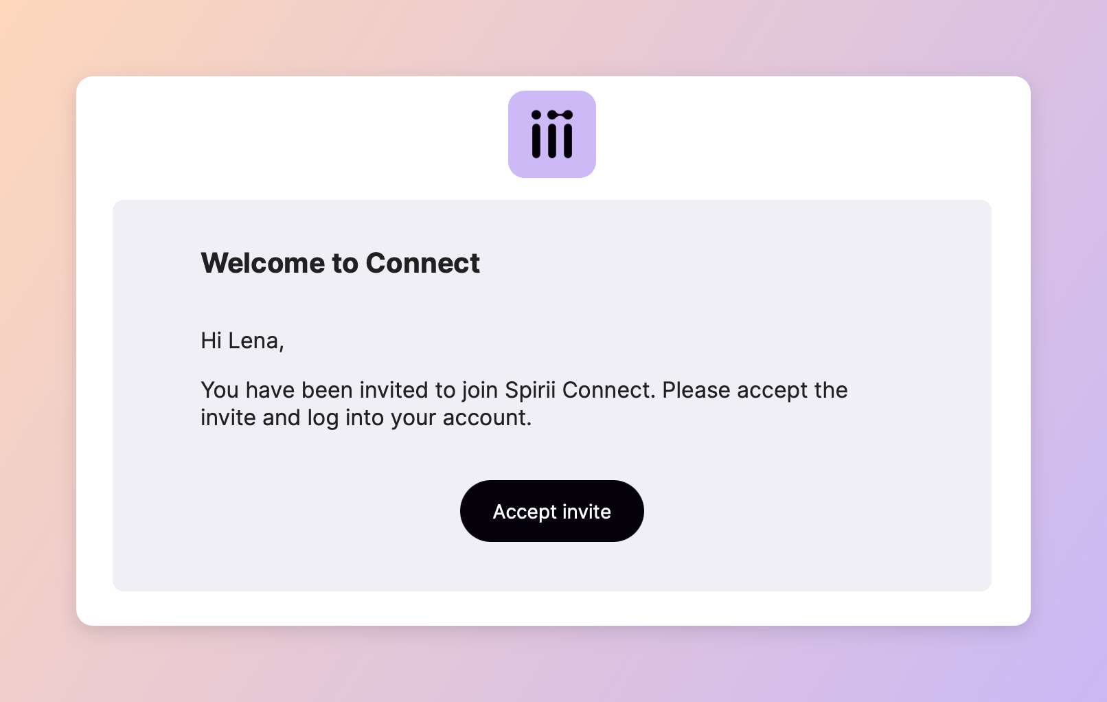 The Welcome to Connect invitation email from Spirii, addressed to a named recipient, with an Accept invite button