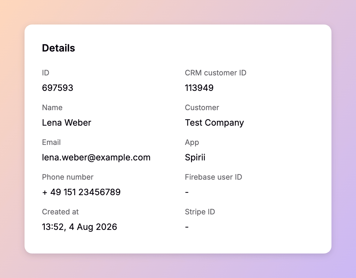 The app user detail view in Spirii Connect, showing the driver's ID, CRM customer ID, name, customer, email, app, phone number, and creation date