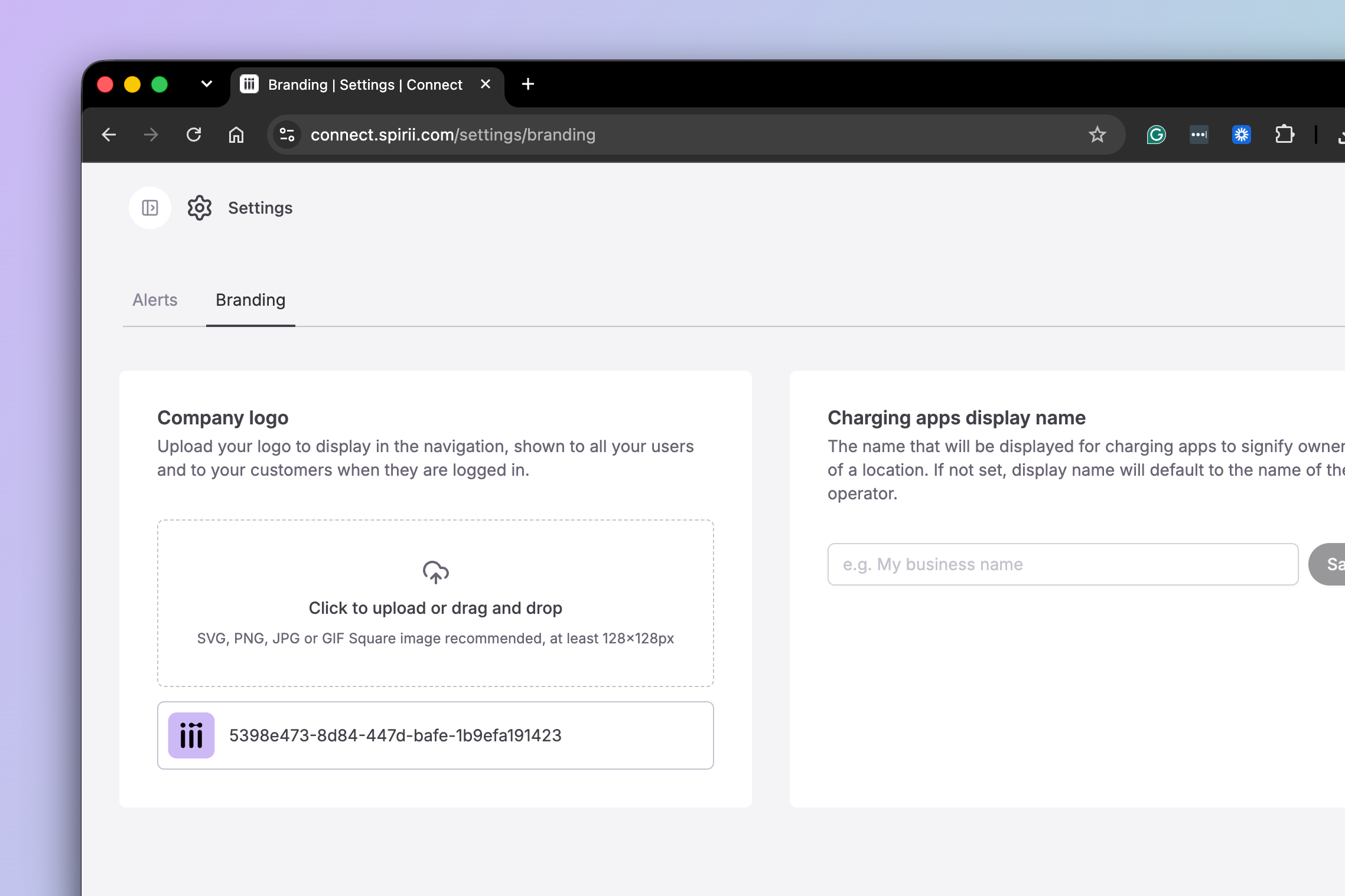 The Branding tab in Spirii Connect settings, showing the Company logo upload area and the Charging apps display name field