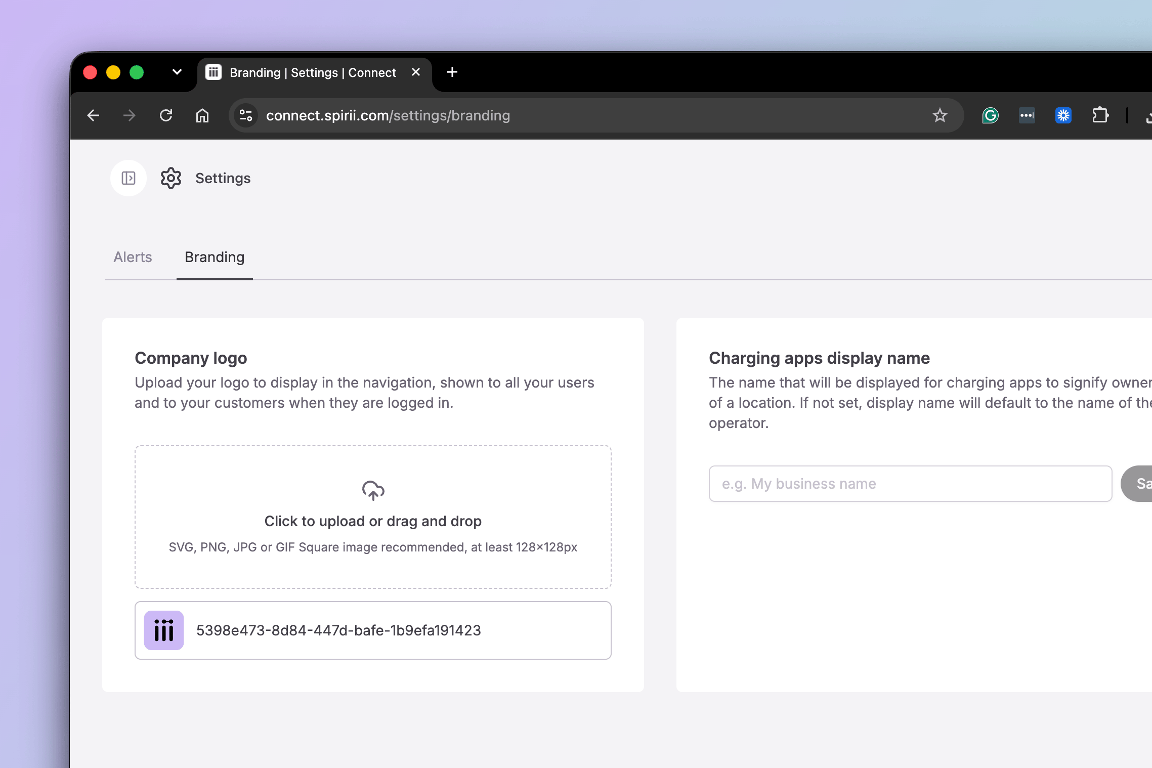 The Branding tab in Spirii Connect settings, showing the Company logo upload area and the Charging apps display name field