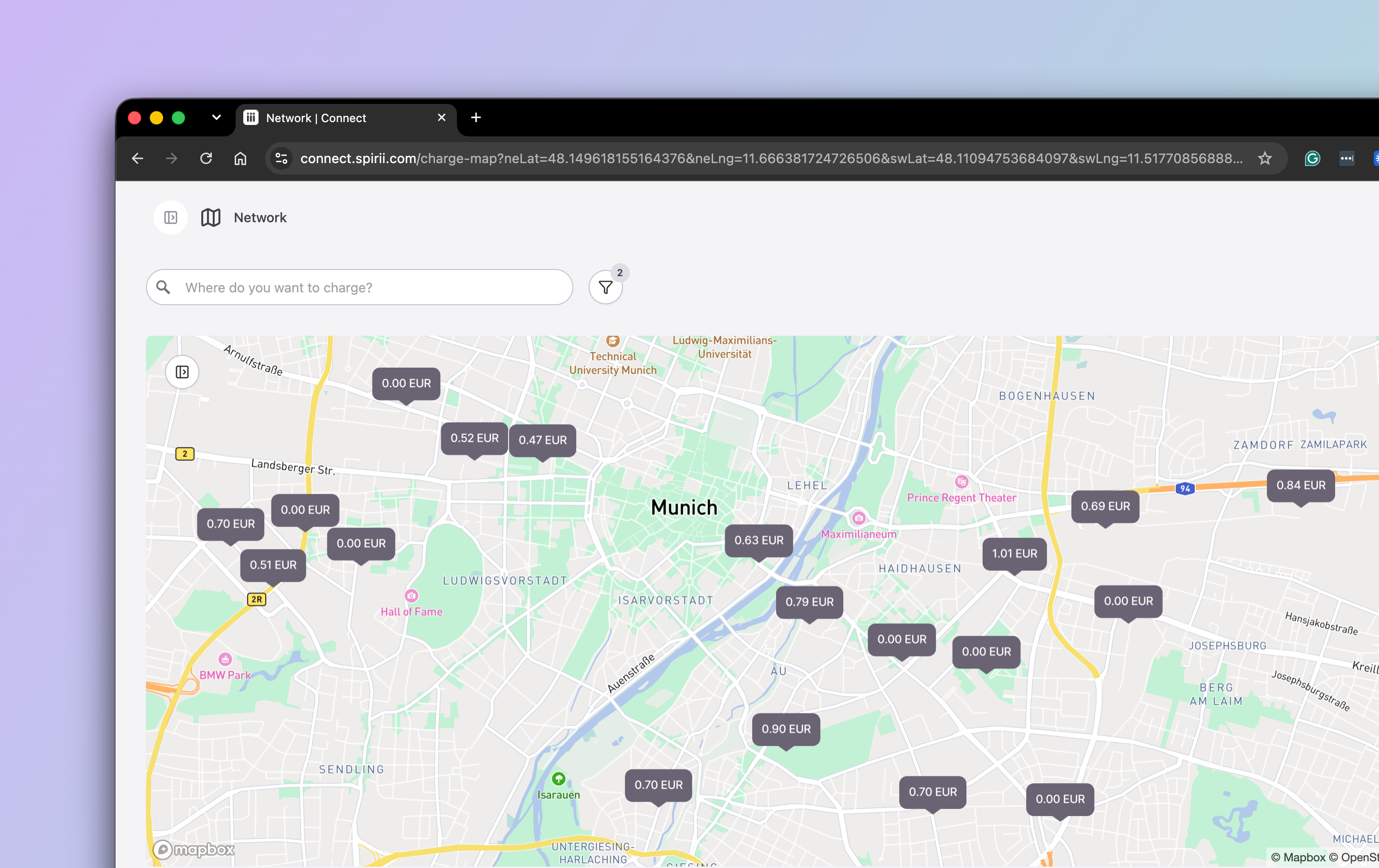 The Charge Map in Spirii Connect, showing charging locations across Munich with the price per kWh on each map pin