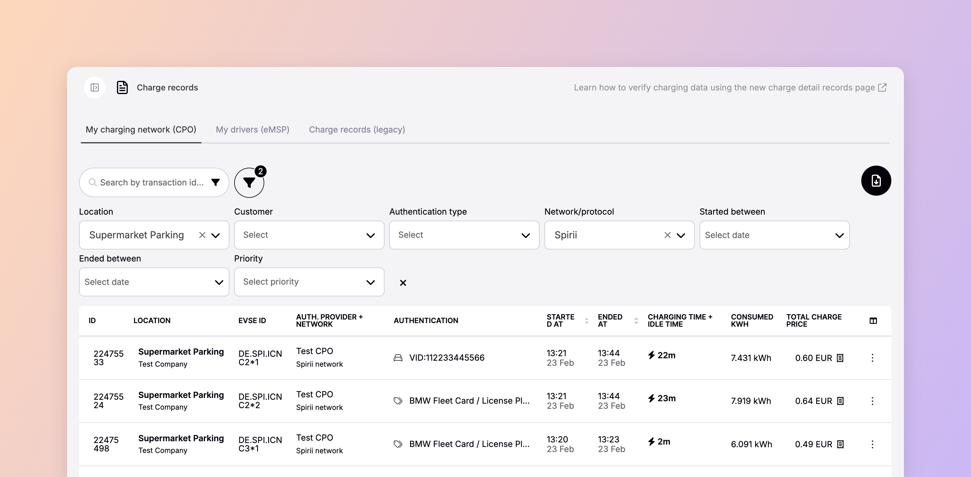 The Charge records page in Spirii Connect, showing the charge detail records table with filters for location, customer, authentication type, and network, and an export button