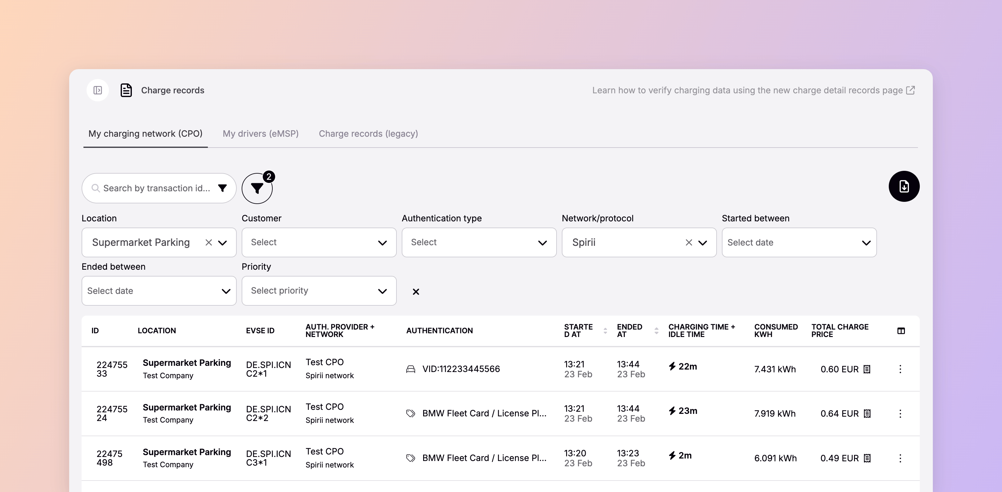 The Charge records page in Spirii Connect, showing the charge detail records table with filters for location, customer, authentication type, and network, and an export button