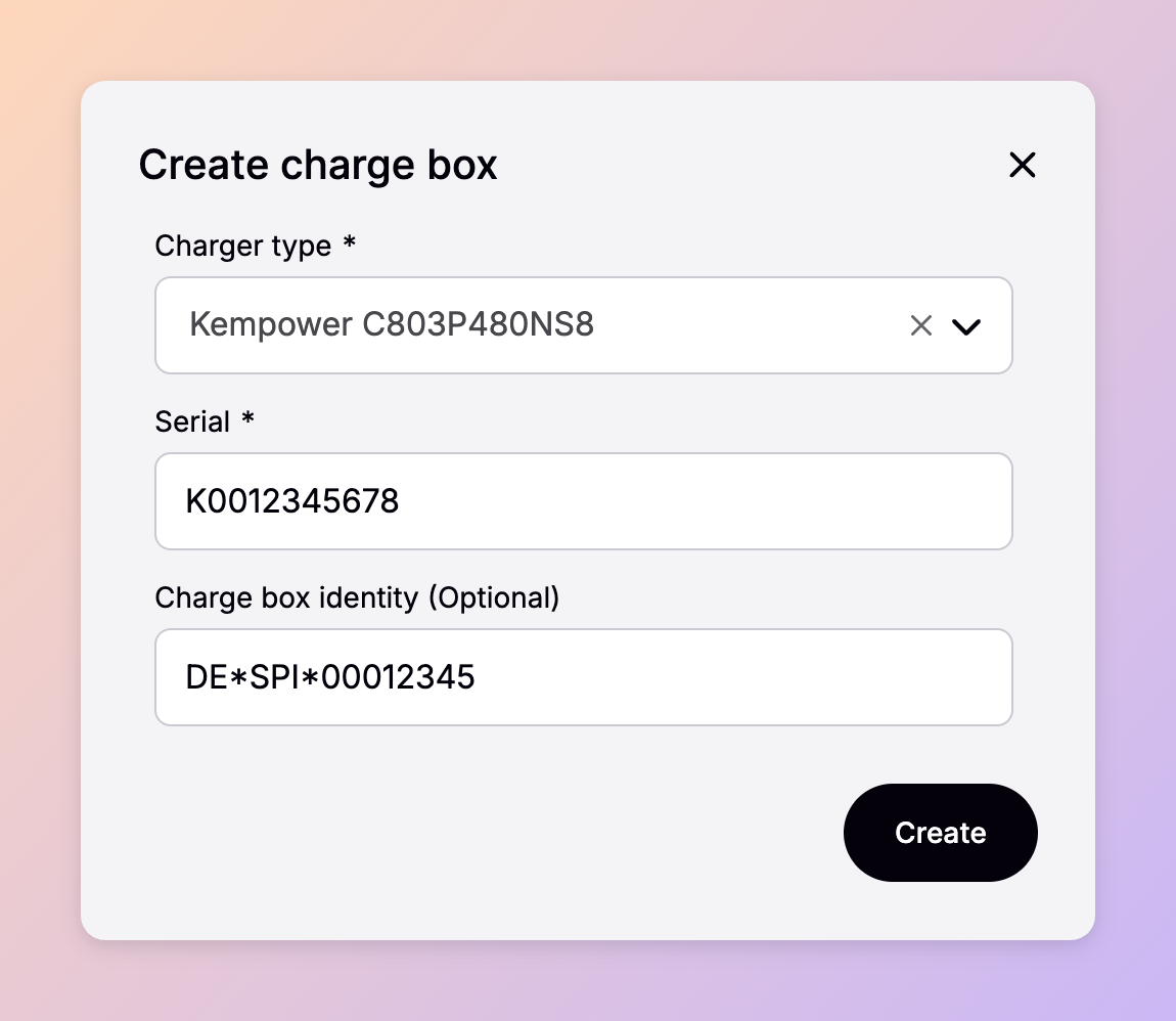 The Create charge box dialog in Spirii Connect, showing the charger type, serial, and optional charge box identity fields