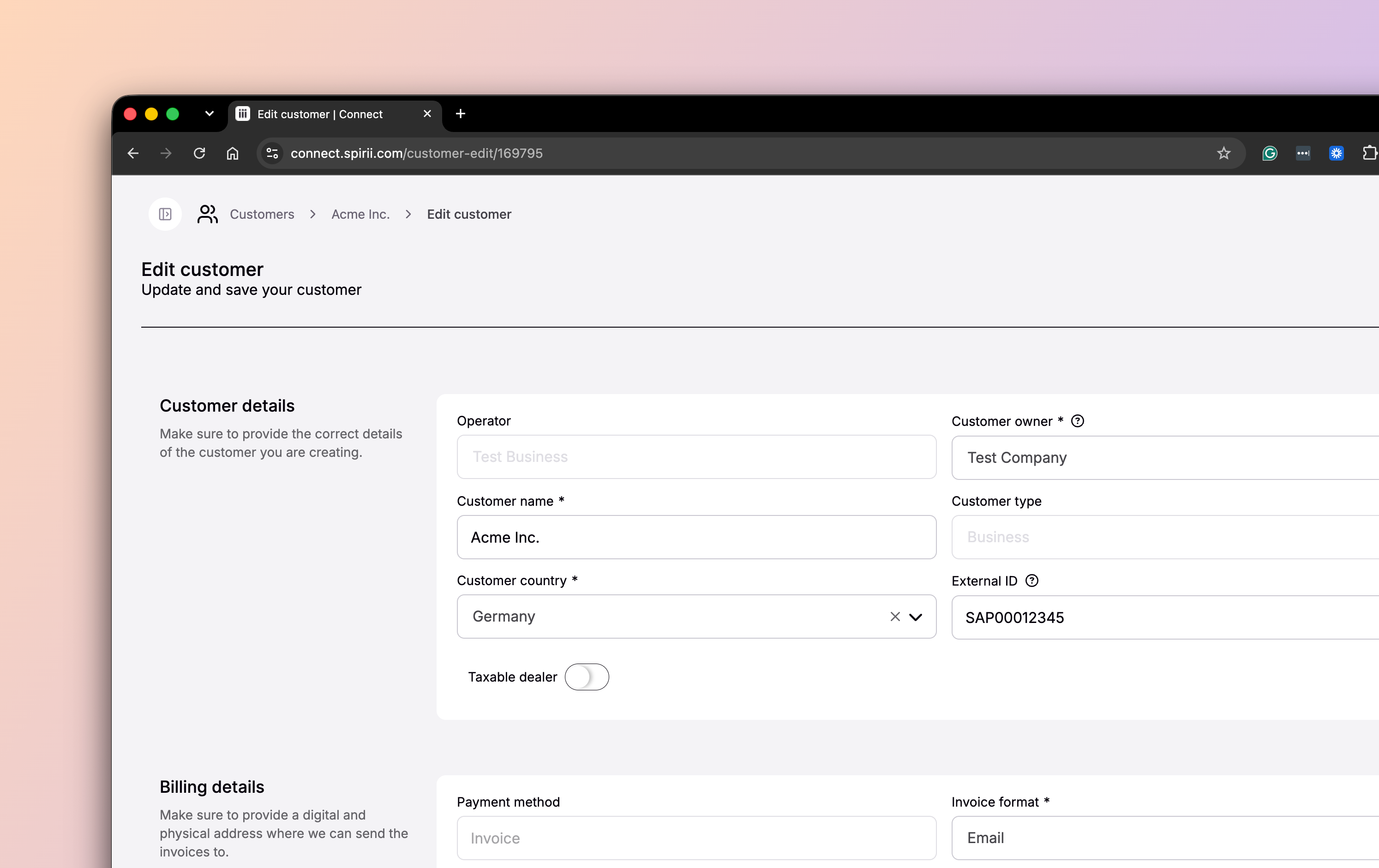The Edit customer page in Spirii Connect, showing the customer's name, owner, country, external ID, and billing details