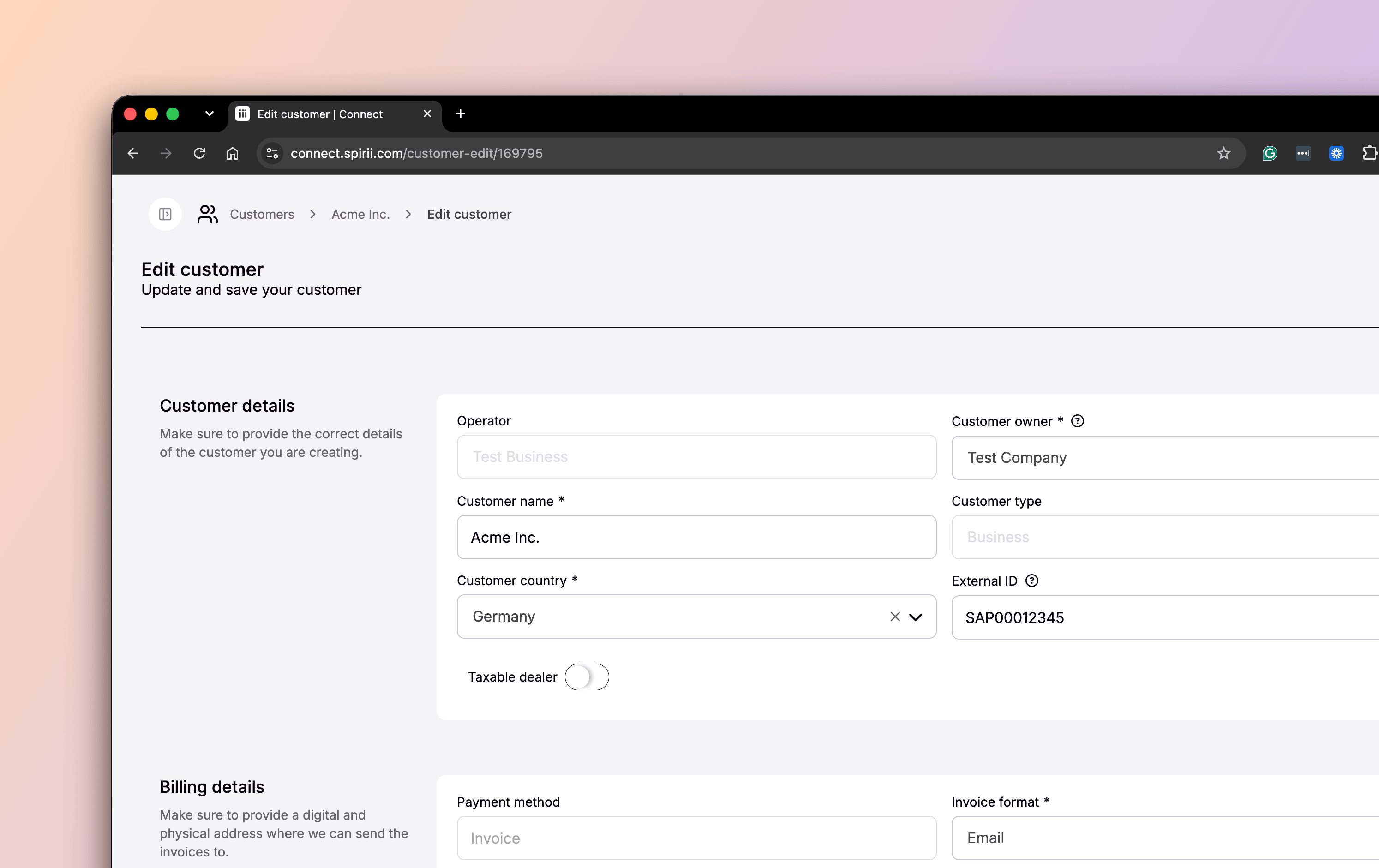The Edit customer page in Spirii Connect, showing the customer's name, owner, country, external ID, and billing details