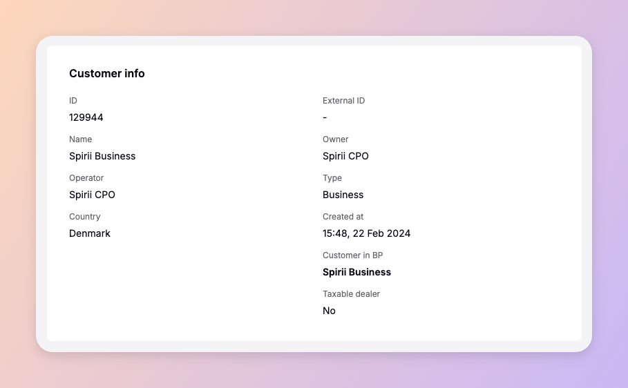 The customer info panel in Spirii Connect, showing a customer's ID, name, operator, owner, type, and country