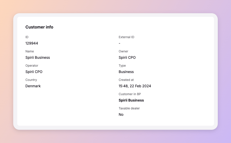 The customer info panel in Spirii Connect, showing a customer's ID, name, operator, owner, type, and country