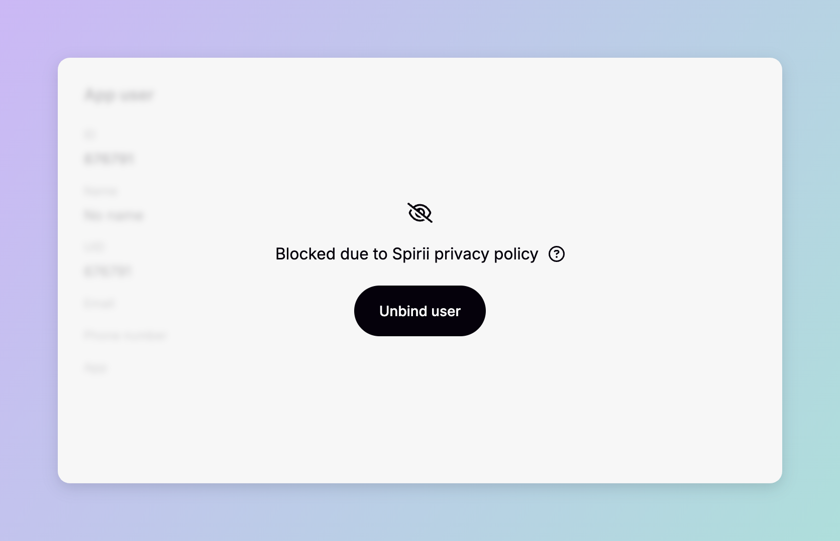 An app user card in Spirii Connect covered by an overlay reading 'Blocked due to Spirii privacy policy', with the driver's details greyed out behind it and an Unbind user button