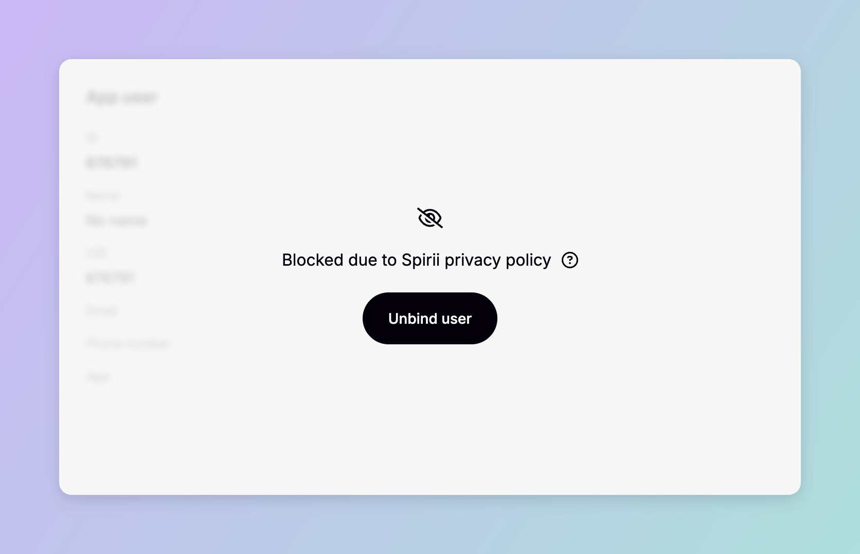 An app user card in Spirii Connect covered by an overlay reading 'Blocked due to Spirii privacy policy', with the driver's details greyed out behind it and an Unbind user button