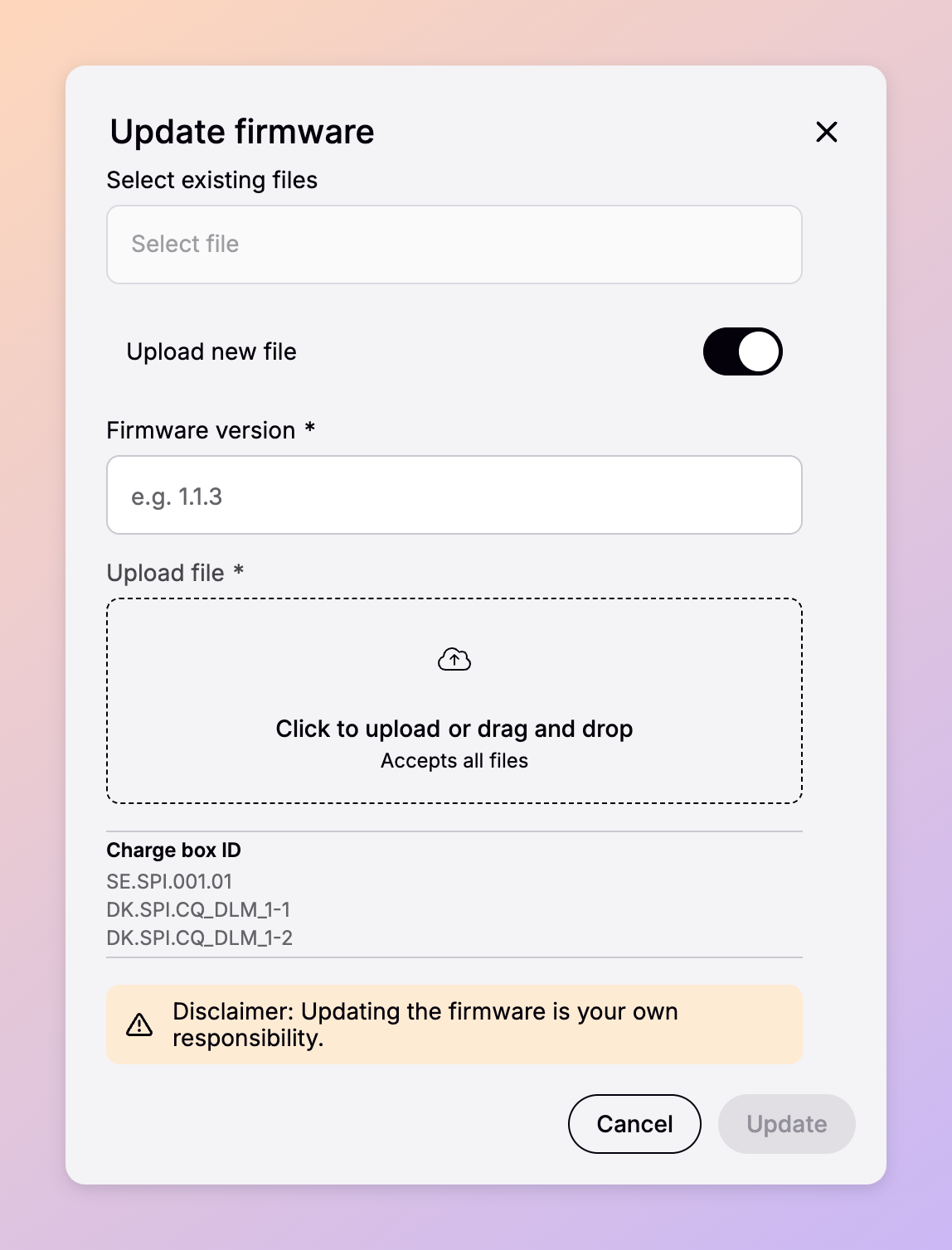 The Update firmware dialog in Spirii Connect, showing file selection, a firmware version field, a file upload area, the charge box IDs being updated, and a responsibility disclaimer