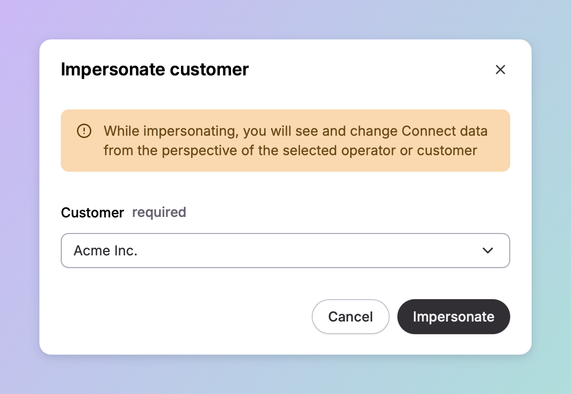 The Impersonate customer dialog in Spirii Connect, warning that Connect data will be shown from the selected customer's perspective, with a customer picker