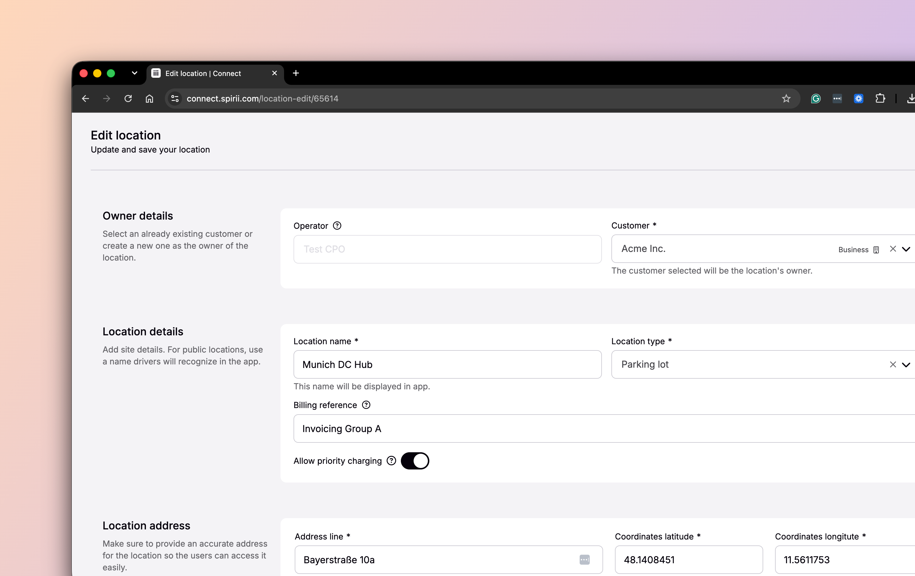 The Edit location page in Spirii Connect, showing the owner details, location name and type, billing reference, and address with coordinates