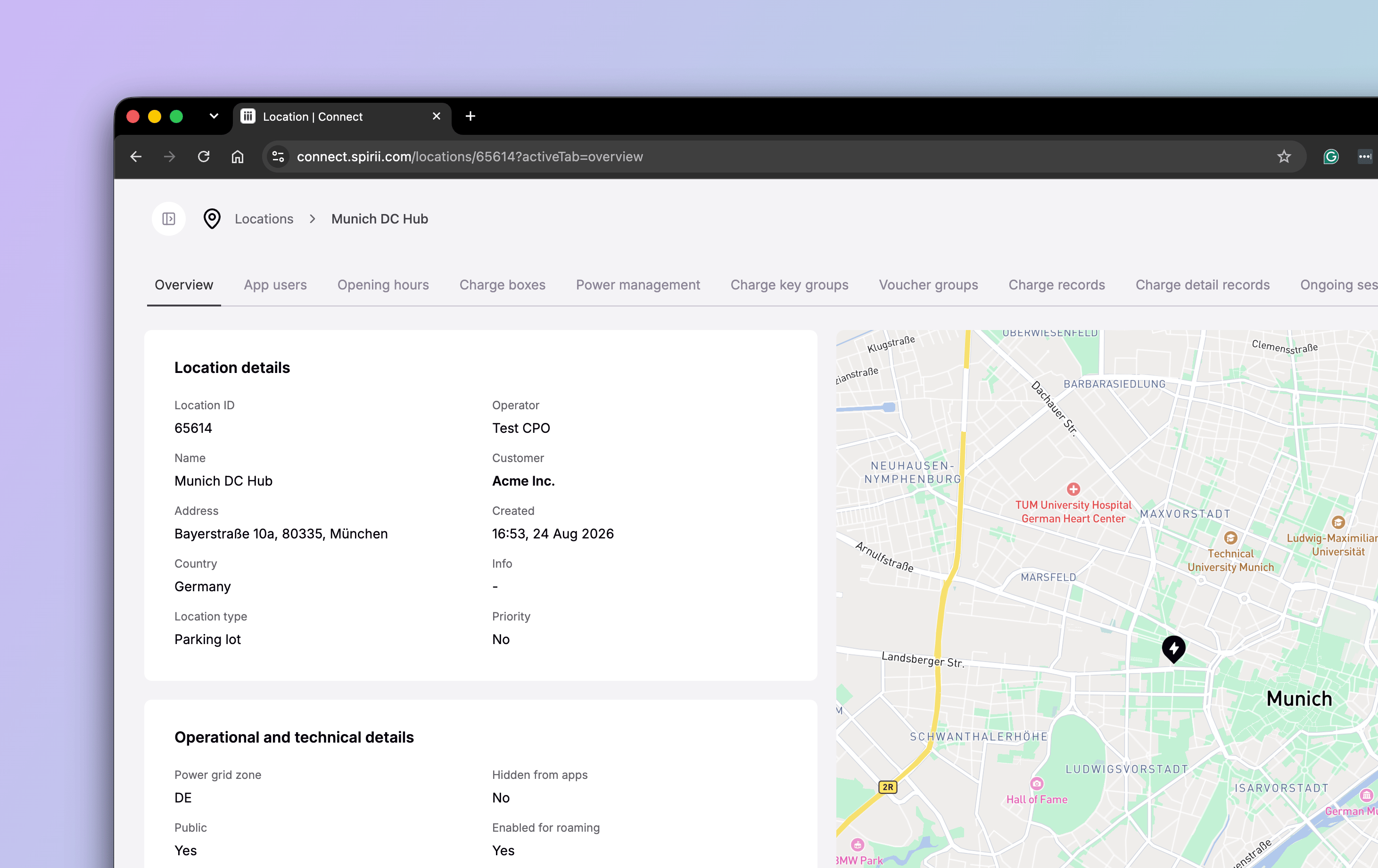 The overview tab of a location in Spirii Connect, showing location details and a map