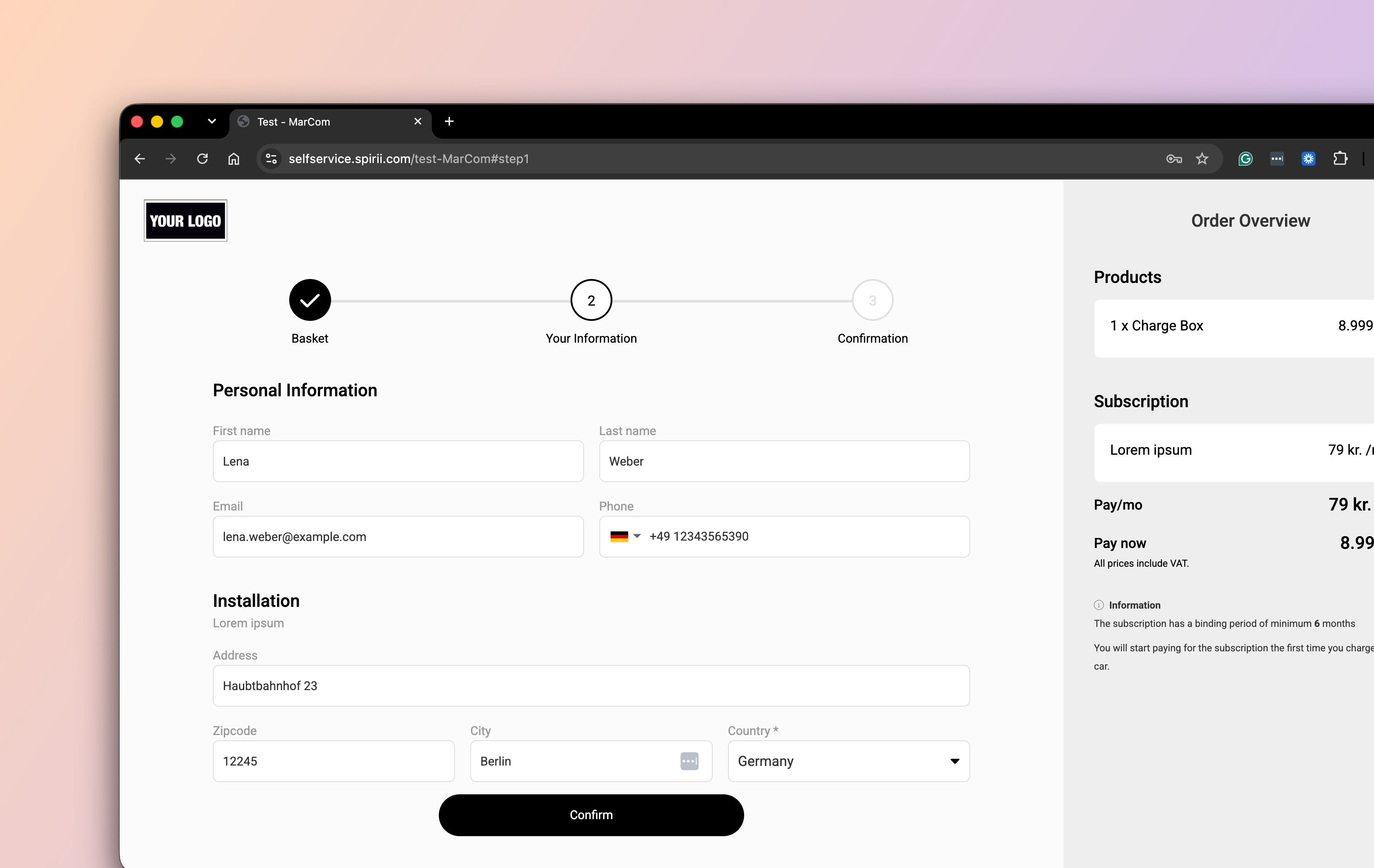 A branded onboarding flow checkout in the Spirii self-service portal, showing the personal information and installation address form on the left and an order overview with a charge box, subscription, and totals on the right