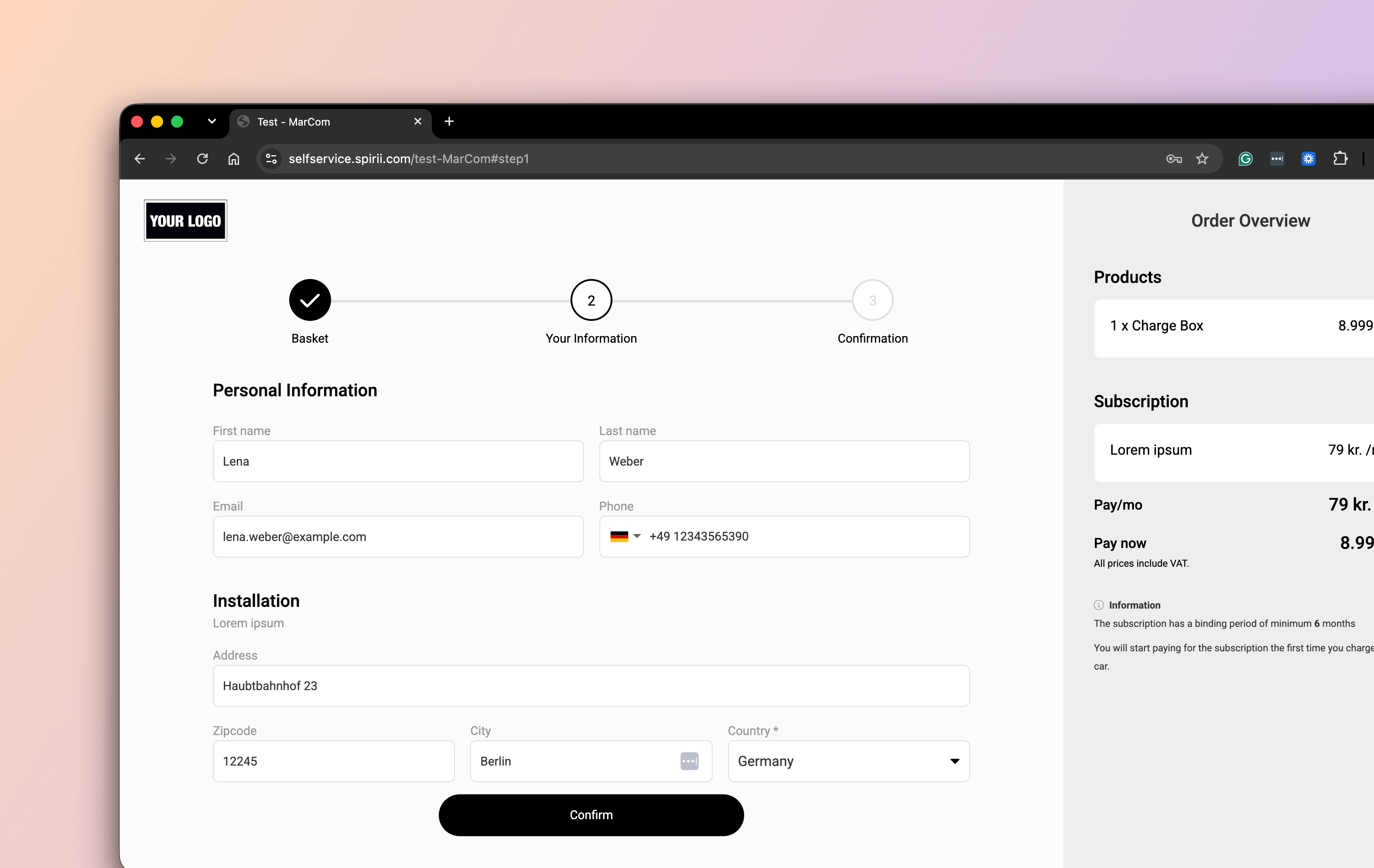 A branded onboarding flow checkout in the Spirii self-service portal, showing the personal information and installation address form on the left and an order overview with a charge box, subscription, and totals on the right