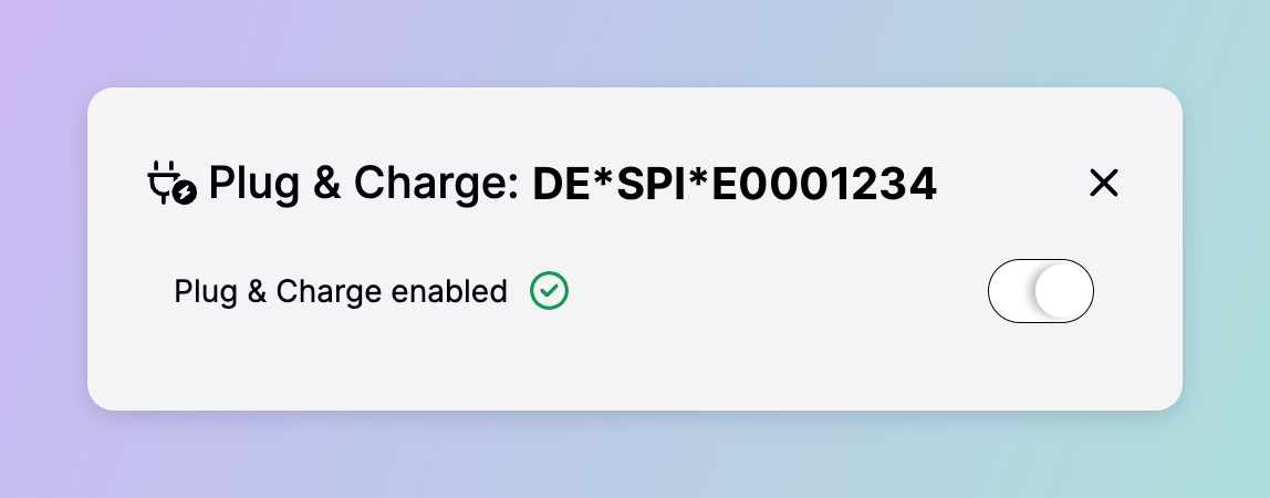 The Plug & Charge dialog for a charge box in Spirii Connect, showing a single switch that enables the feature