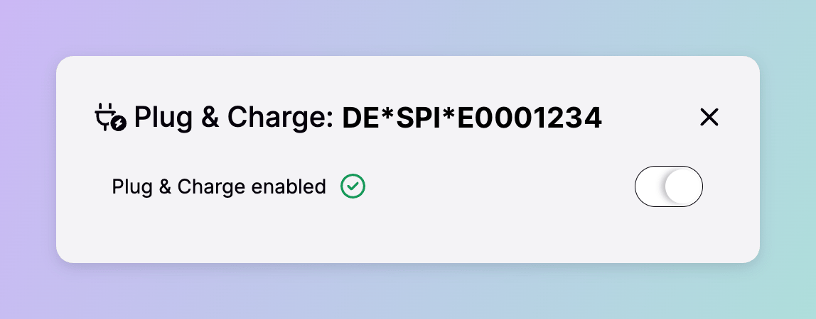 The Plug & Charge dialog for a charge box in Spirii Connect, showing a single switch that enables the feature
