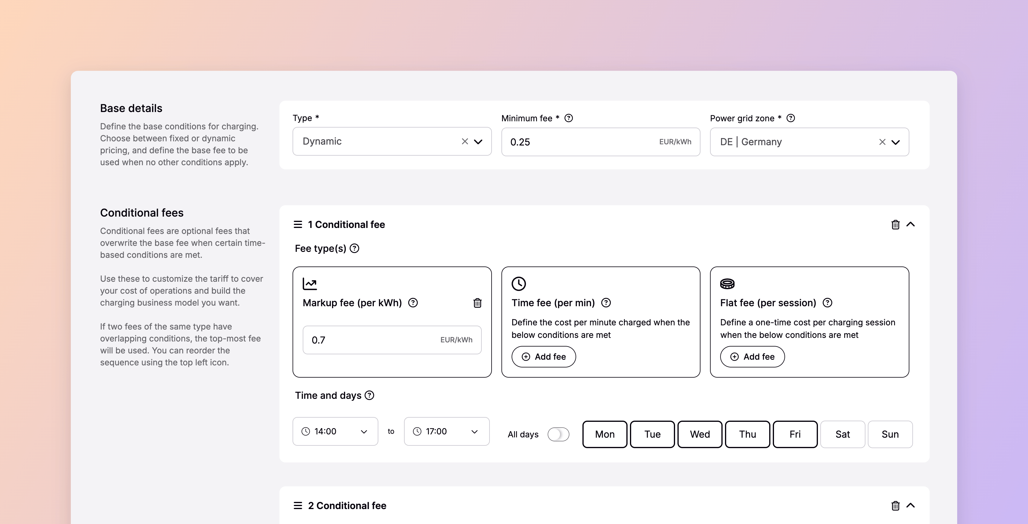 The tariff editor in Spirii Connect, showing dynamic base details with a minimum fee alongside a conditional markup fee limited to set times and days