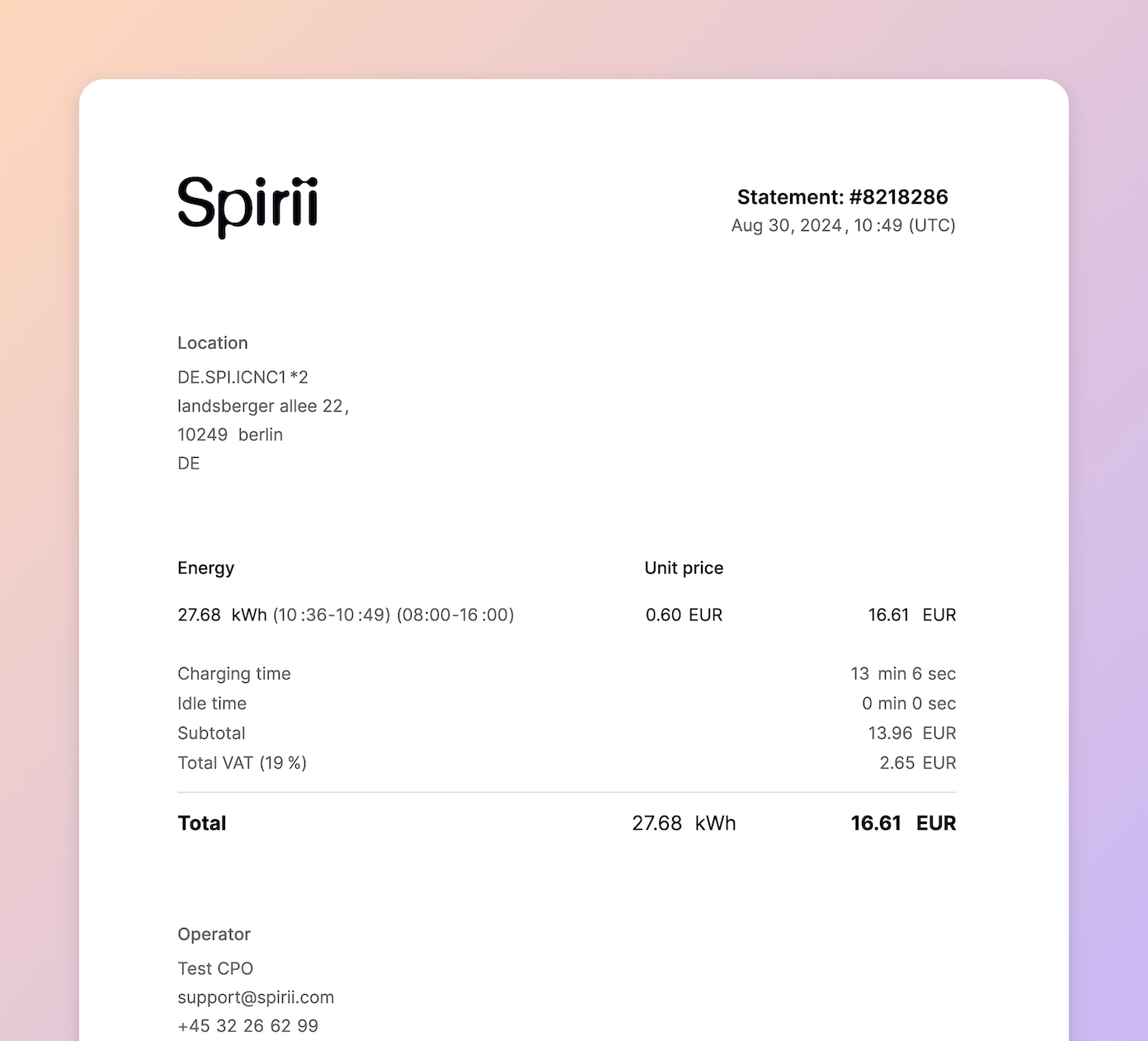 A Spirii session receipt showing the location, the energy consumed, charging and idle time, subtotal, VAT, and total, with the operator's contact details at the bottom