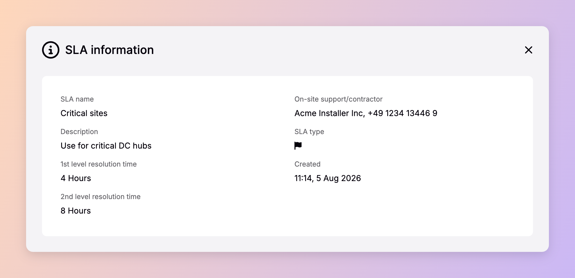 The SLA information modal in Spirii Connect, showing the SLA name, description, first- and second-level resolution times, on-site contractor contact, SLA type, and creation date