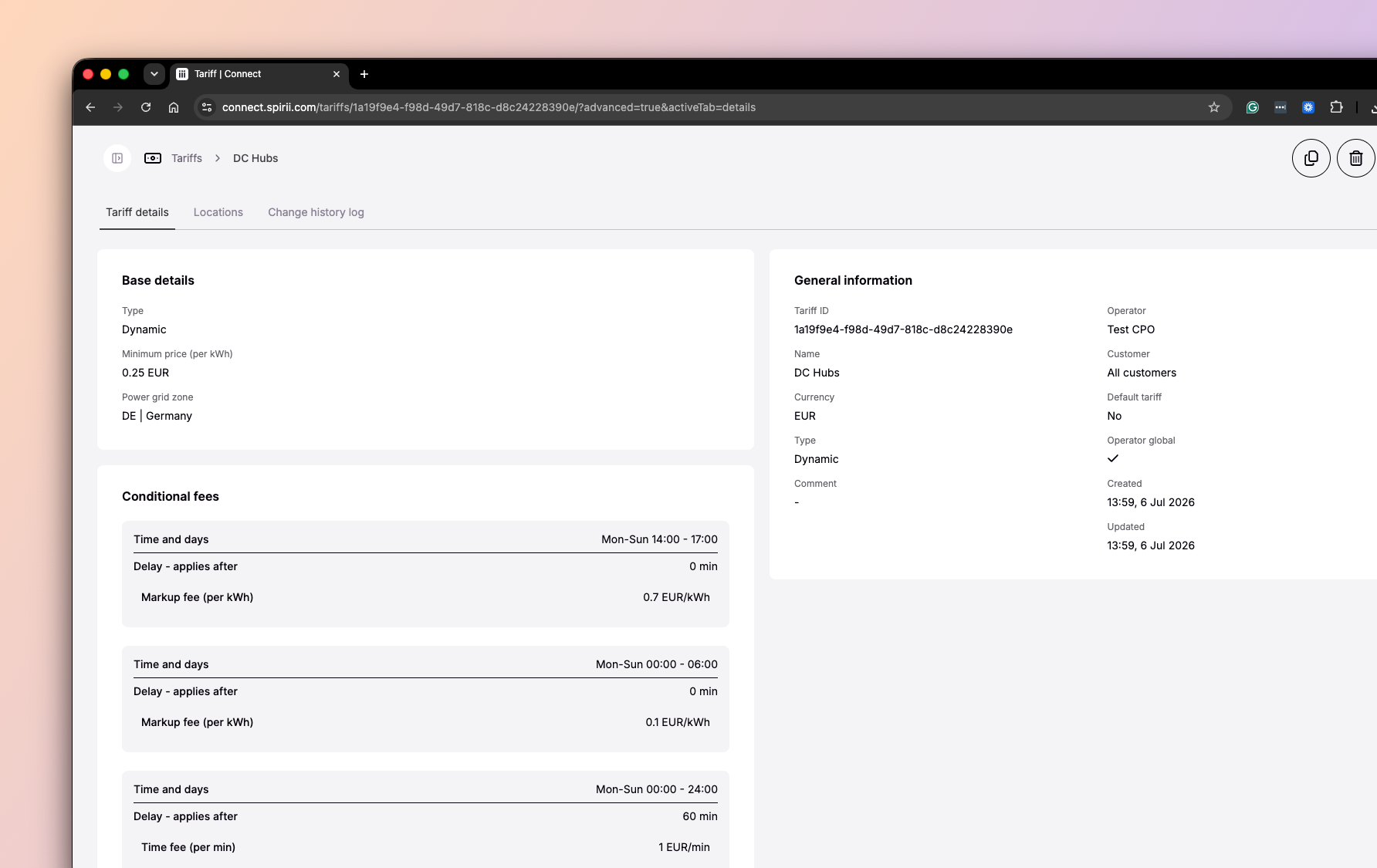 A tariff in Spirii Connect, showing its base details, conditional fees, and general information