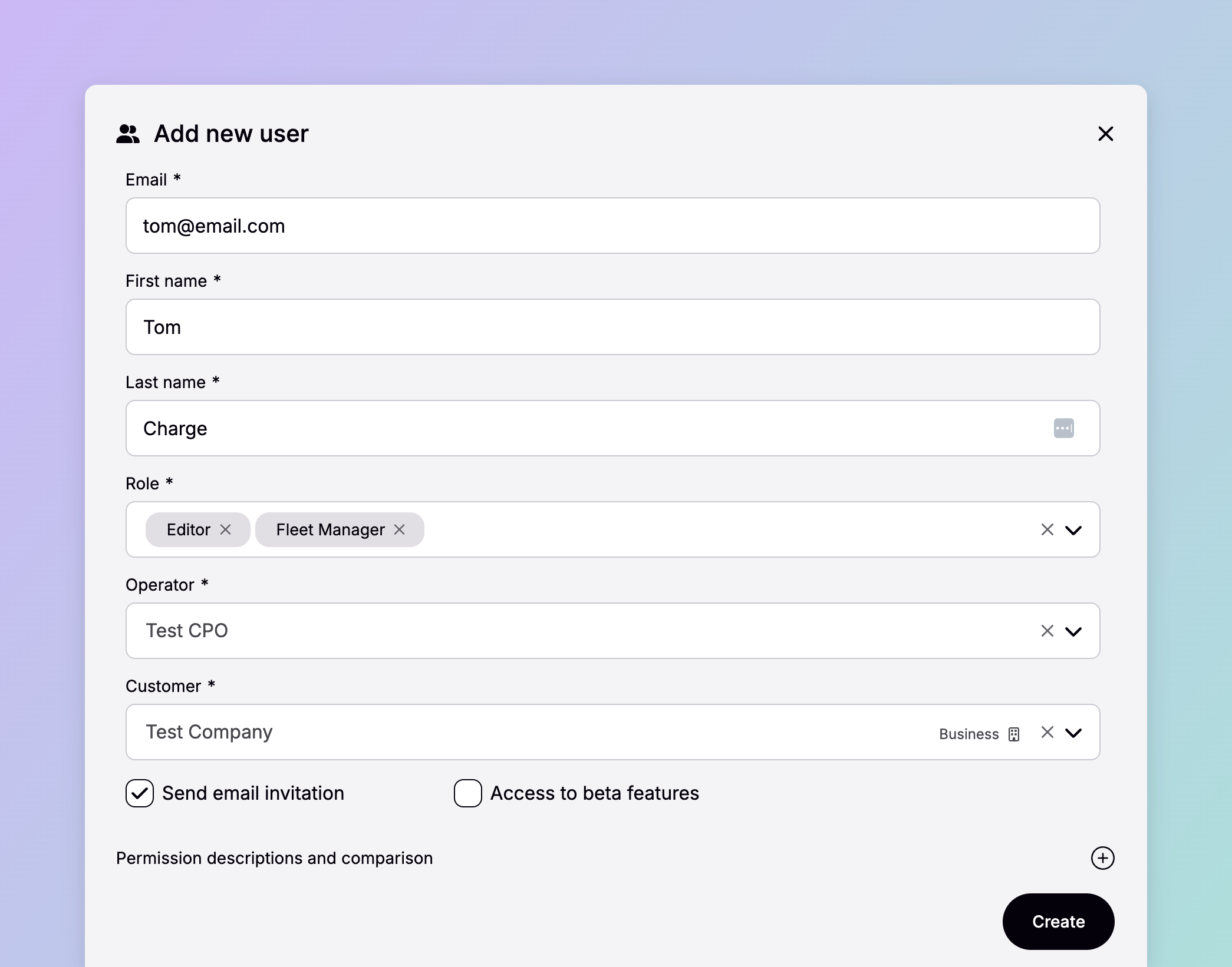 The Add new user dialog in Spirii Connect, showing the email, name, role, operator, and customer fields