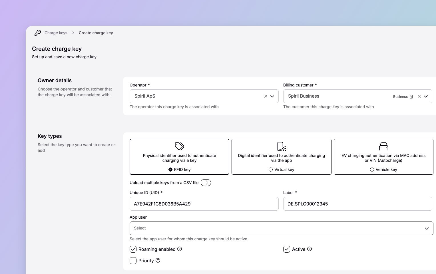 The Create charge key screen in Spirii Connect, showing owner details, key type selection, and the token's UID, label, and access settings