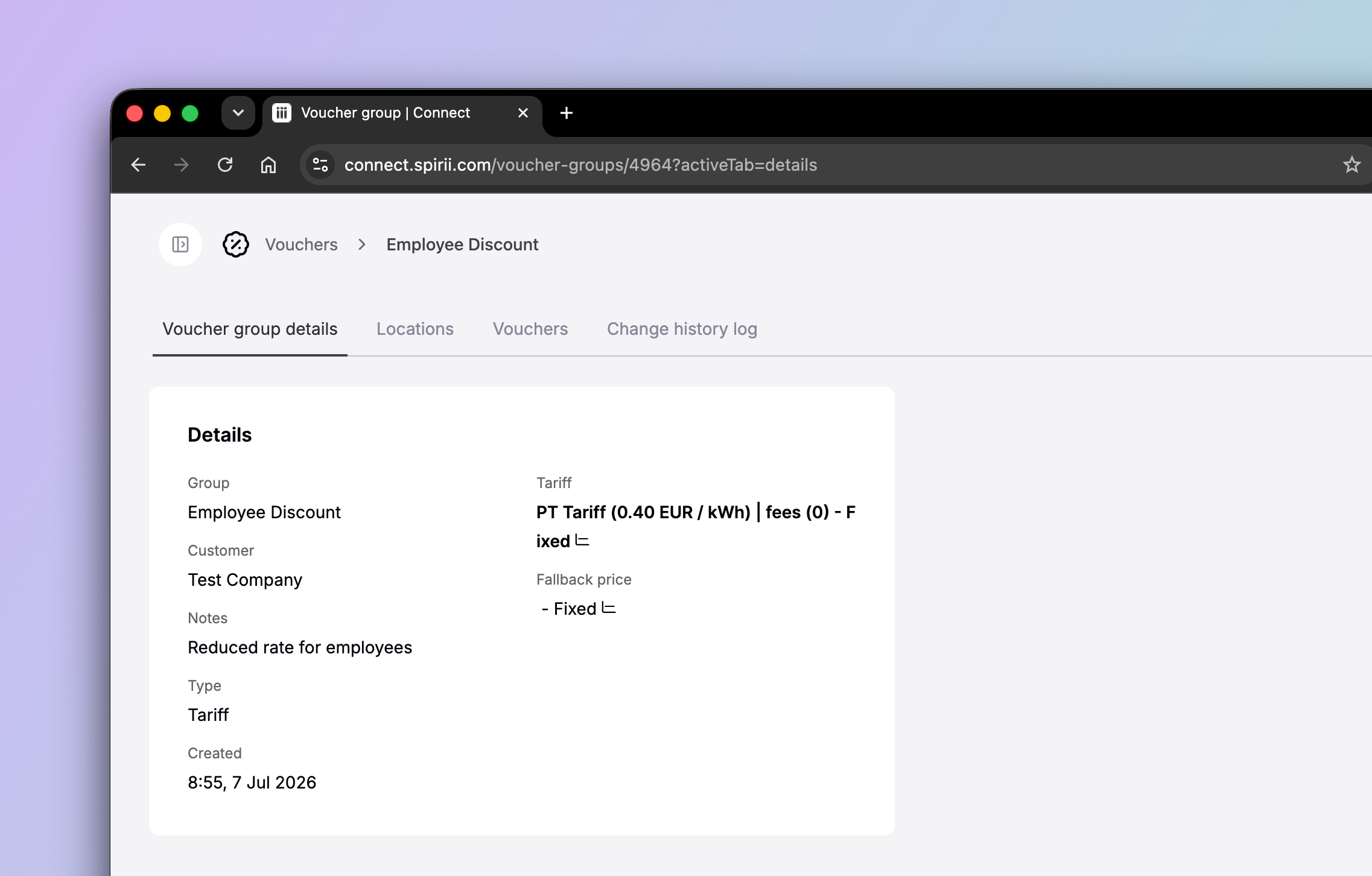 A voucher group in Spirii Connect, showing its details, linked tariff, customer, and fallback price