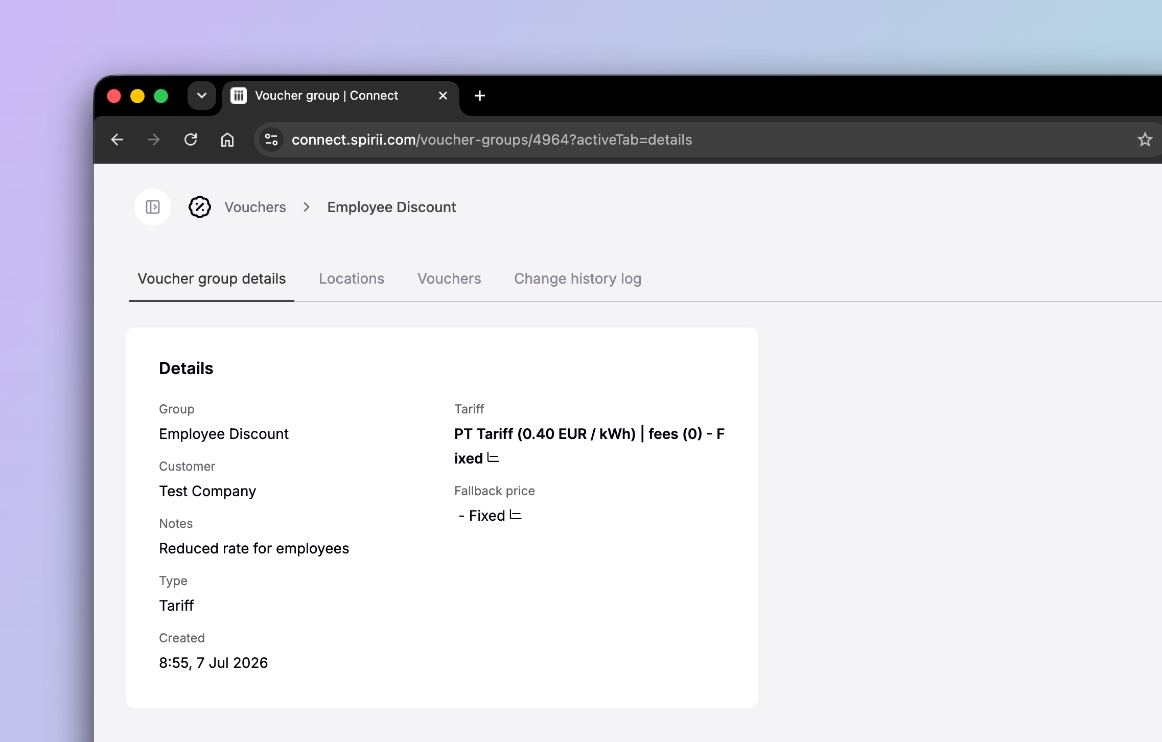 A voucher group in Spirii Connect, showing its details, linked tariff, customer, and fallback price