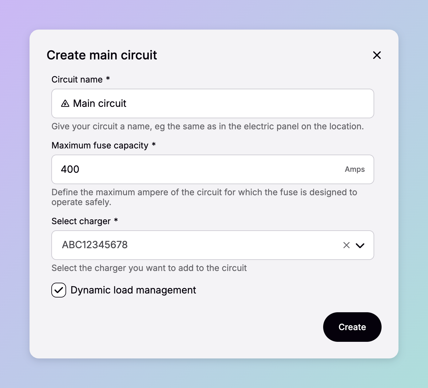The Create main circuit dialog in Spirii Connect, showing the circuit name, maximum fuse capacity in amps, the charger to add, and a checkbox to enable dynamic load management