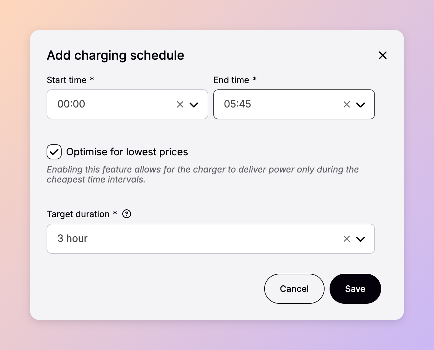 The Add charging schedule dialog in Spirii Connect, showing start and end times, a checkbox to optimise for lowest prices, and the target charging duration