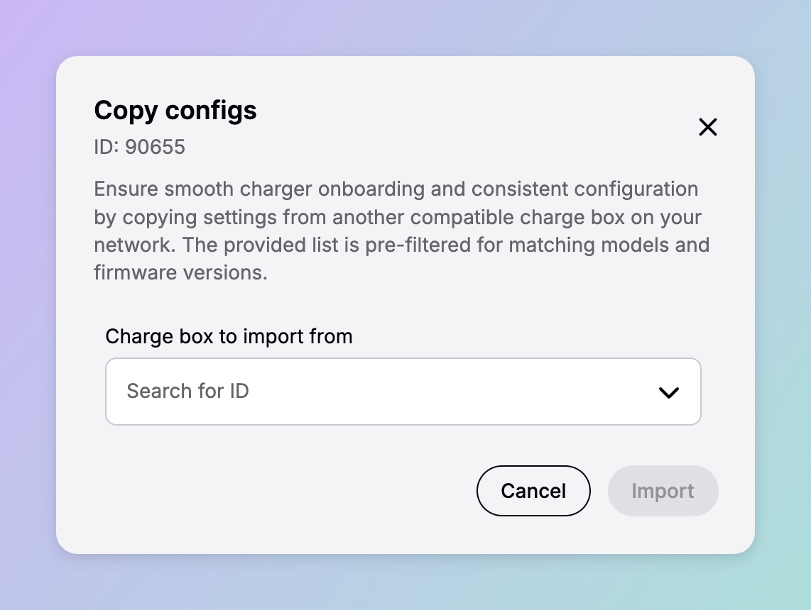 The Copy configs dialog in Spirii Connect, with a charge box ID and a searchable list of compatible charge boxes to import settings from