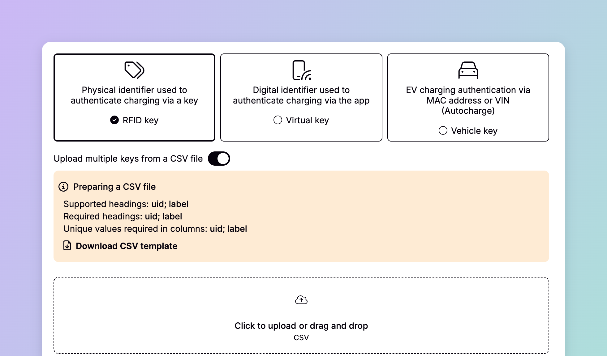 The add charge keys dialog in Spirii Connect, with RFID key selected among the RFID, Virtual, and Vehicle key options, the CSV upload toggle enabled, the required CSV headings listed, and a drag-and-drop upload area