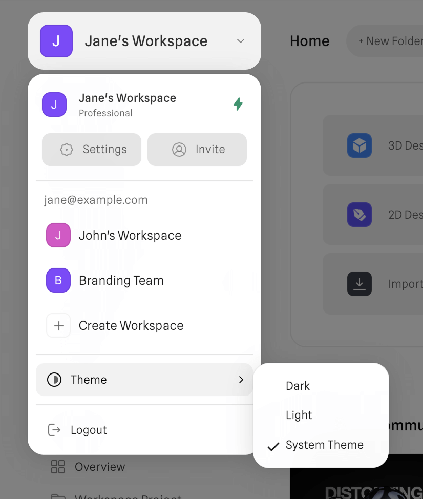 Theme switcher inside the Dashboard menu
