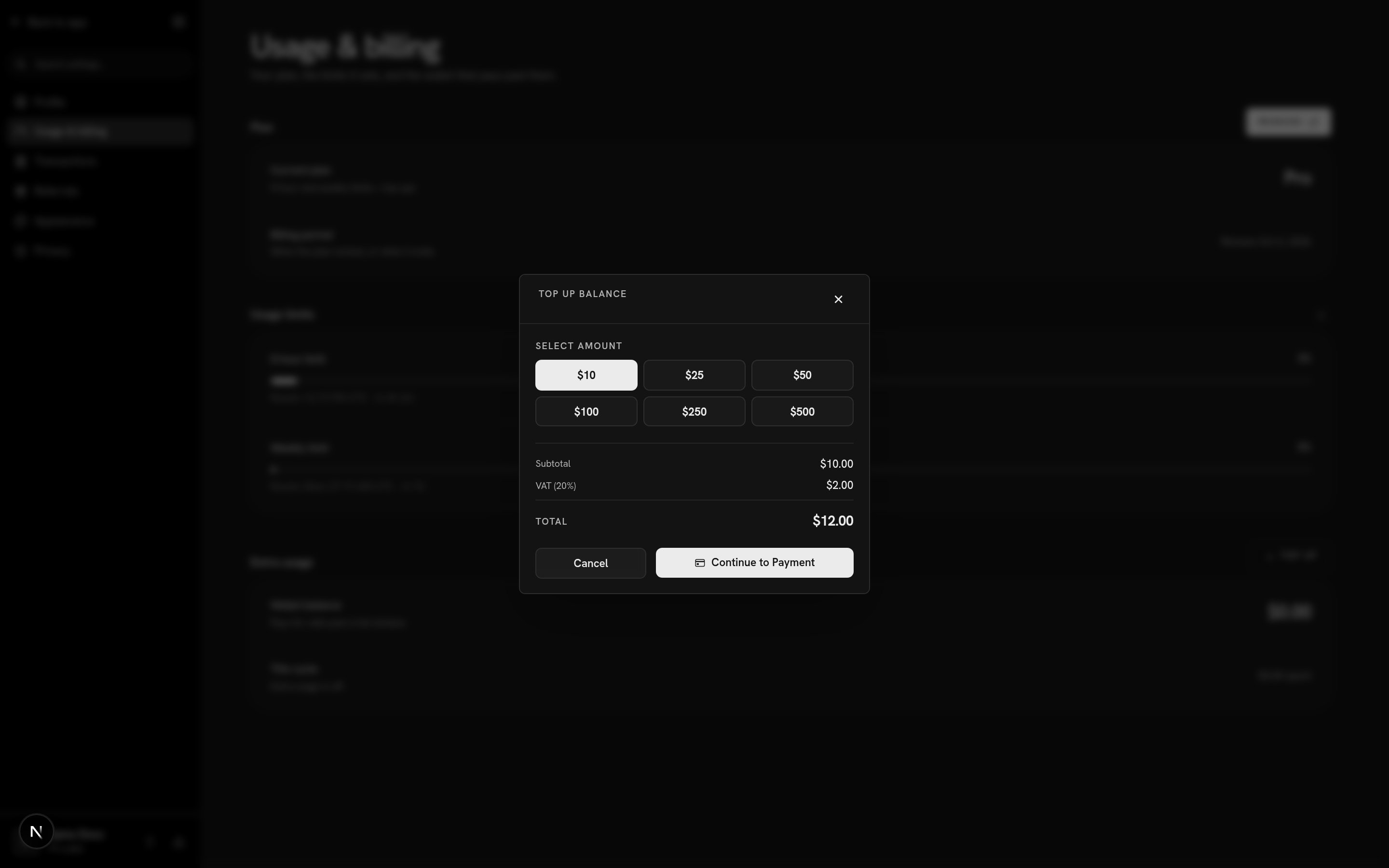 The top-up dialog with $10 through $500 presets
