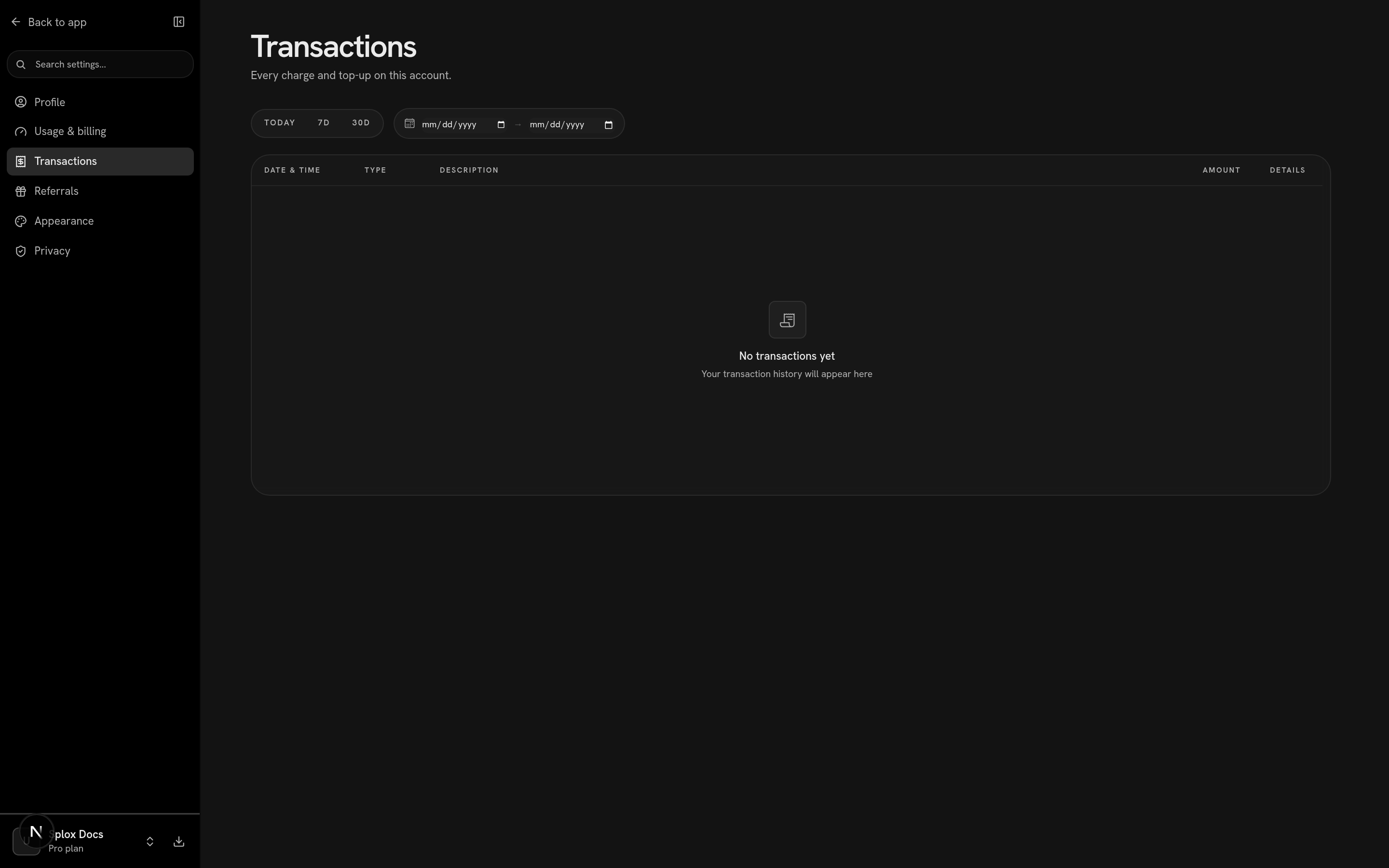 The Transactions screen with no transactions yet