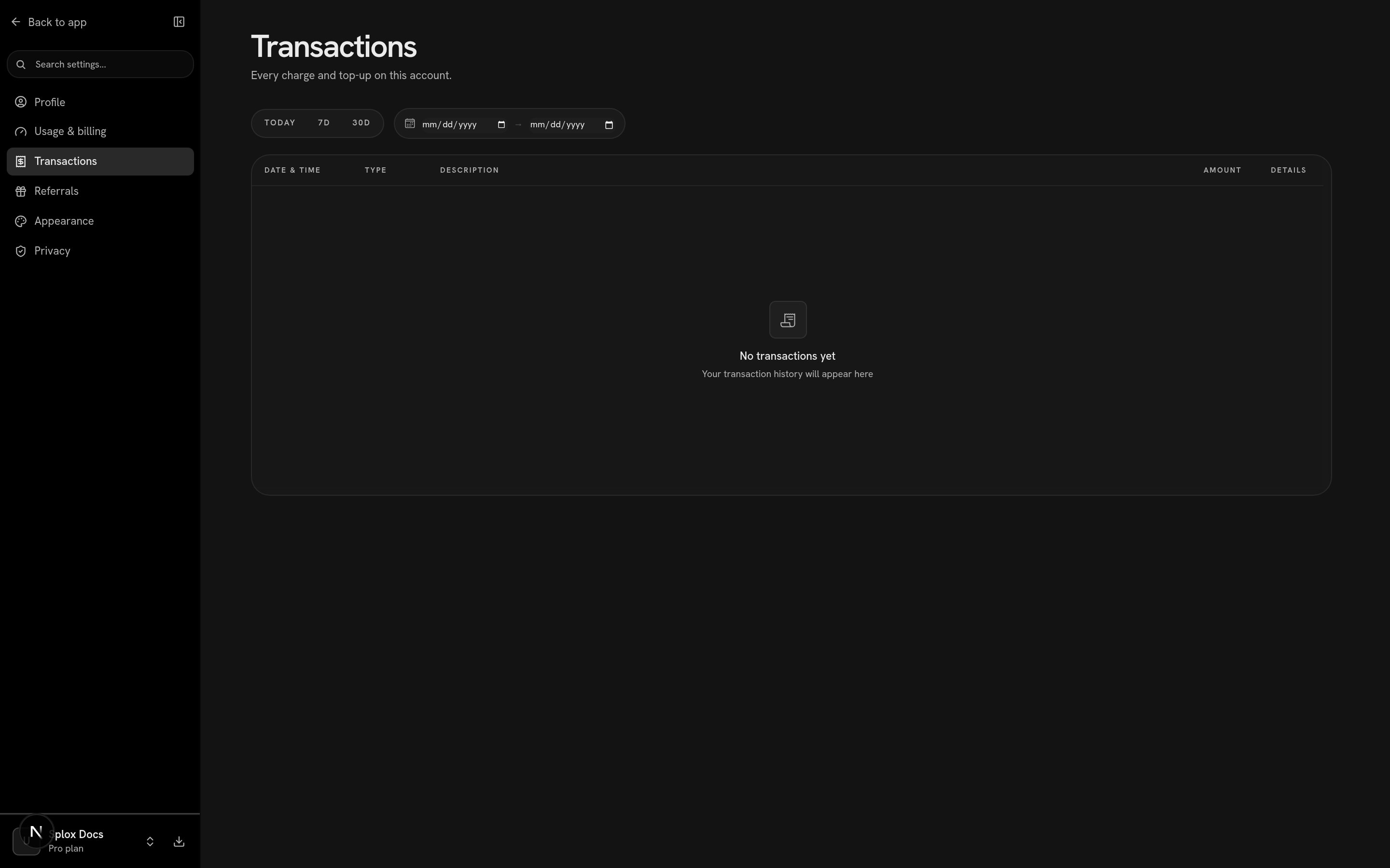 The Transactions screen with no transactions yet