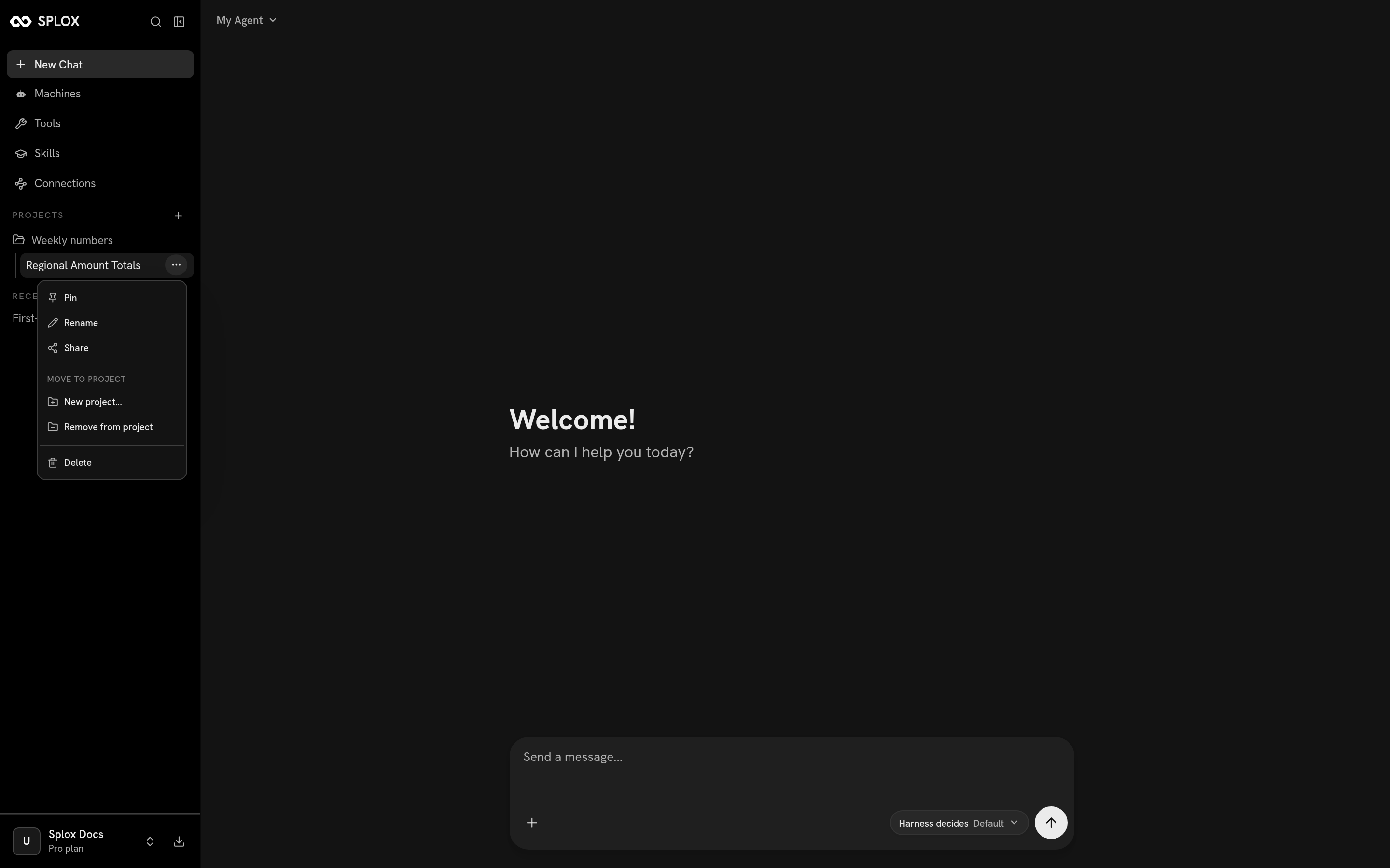The chat actions menu open in the sidebar